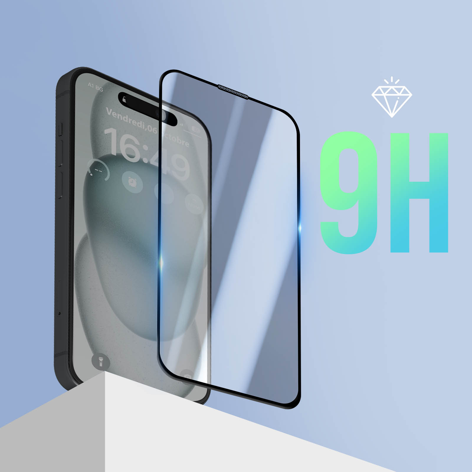 Uno smartphone con protezione schermo, che mostra l'ora, e un logo a diamante con il testo "9H".