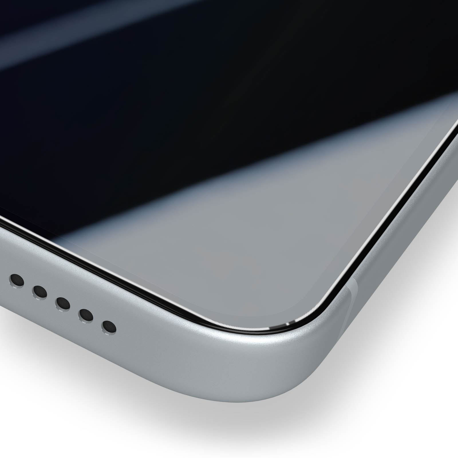 Primo piano di uno smartphone argentato. Lo schermo è nero, il bordo arrotondato. Diversi fori sono visibili in basso.