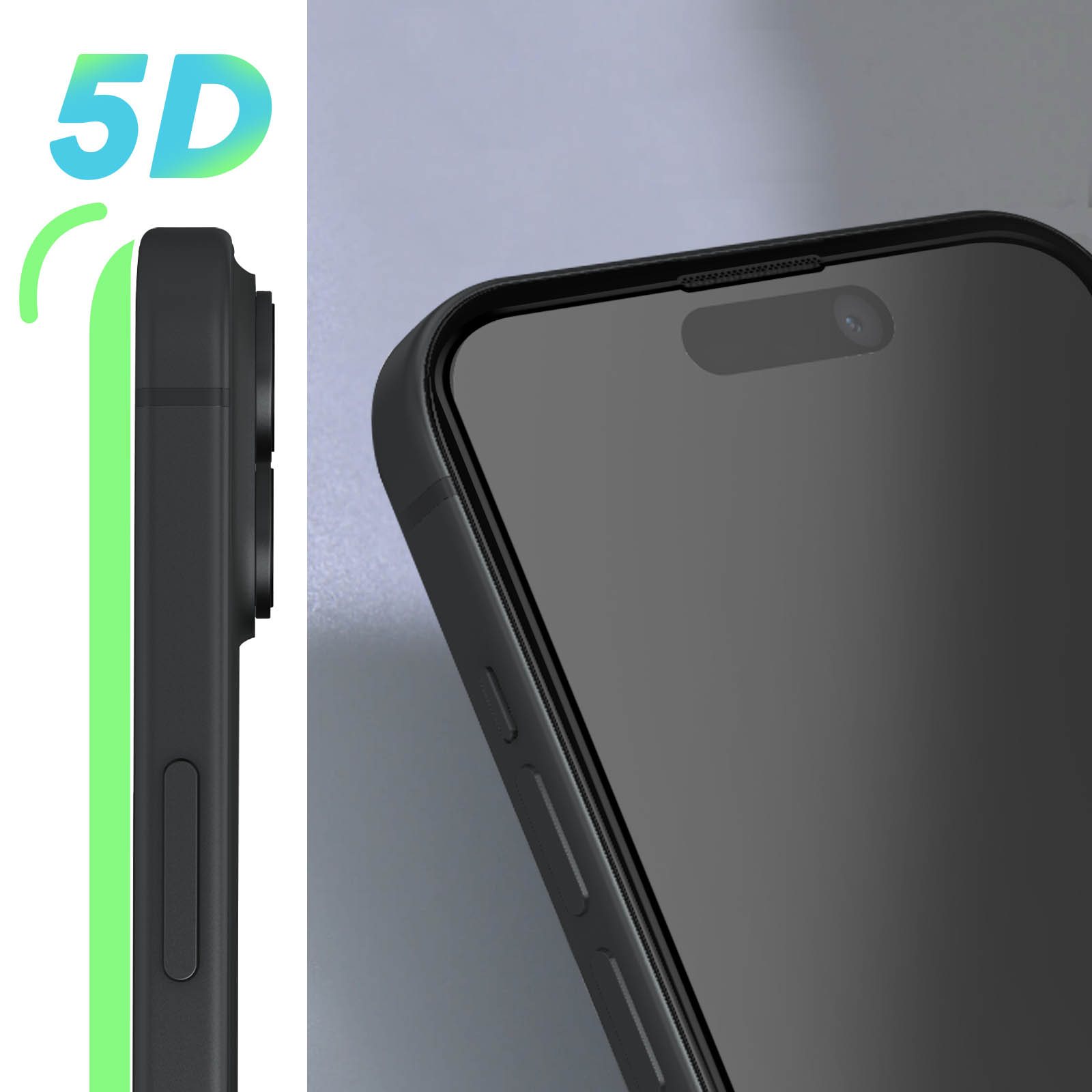 Smartphone nero con protezione schermo. Il profilo laterale mostra lenti fotocamera e pulsanti. Un grafico 5D verde è presente.