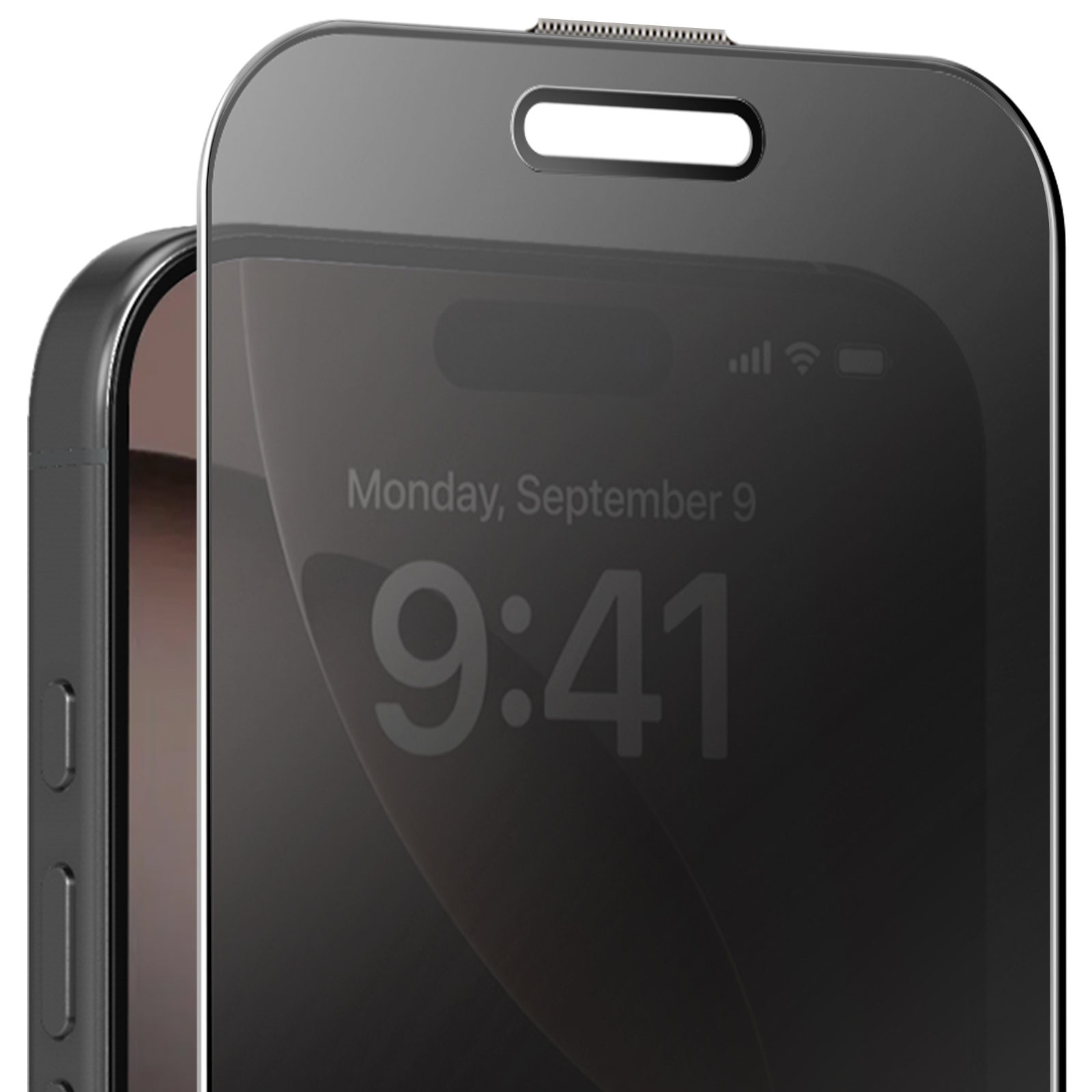 Primo piano dello schermo di uno smartphone che mostra l'ora 9:41, la data e le icone del segnale. Il telefono è nero.
