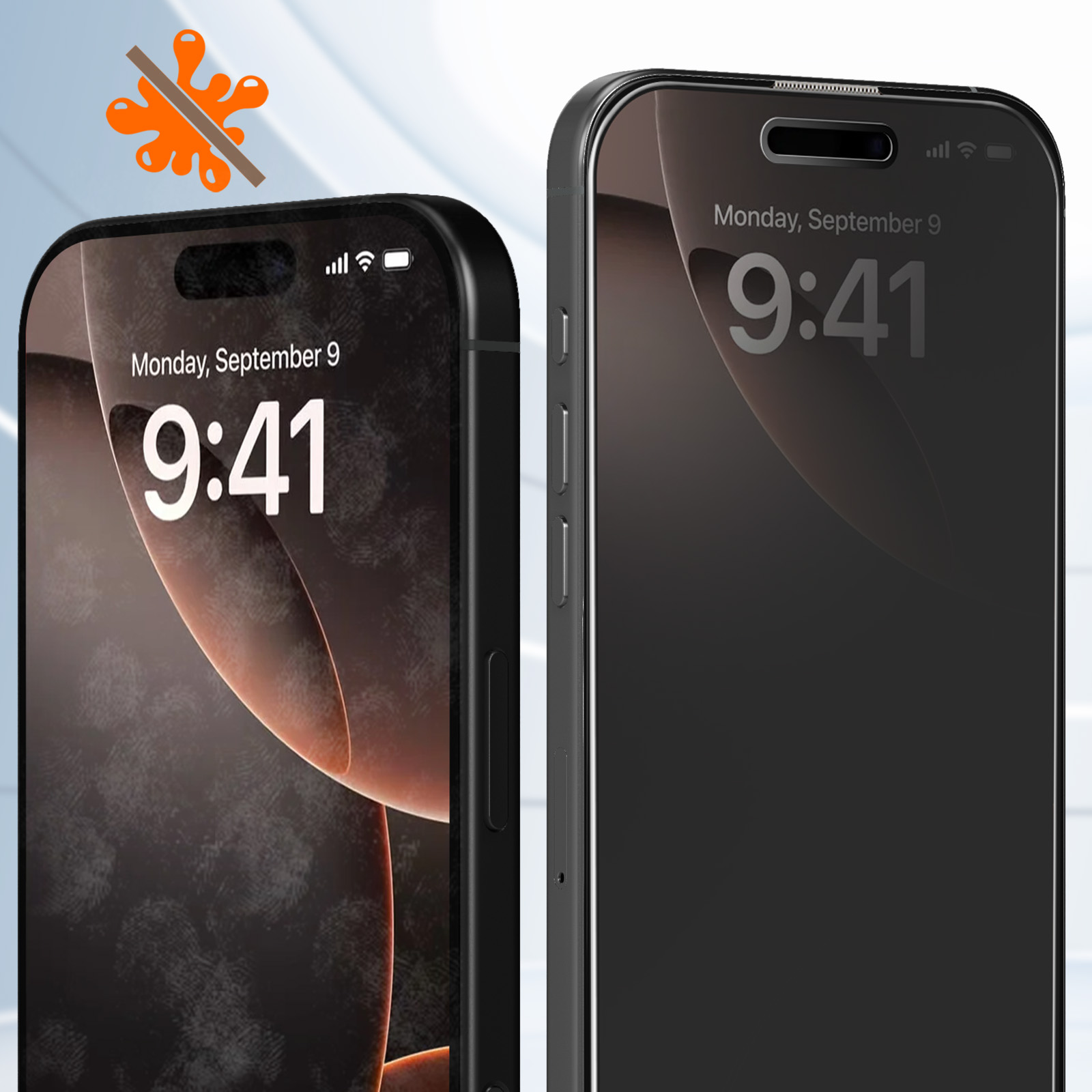 Due smartphone neri che mostrano l'ora 9:41 di lunedì 9 settembre. Una macchia arancione è barrata sopra.