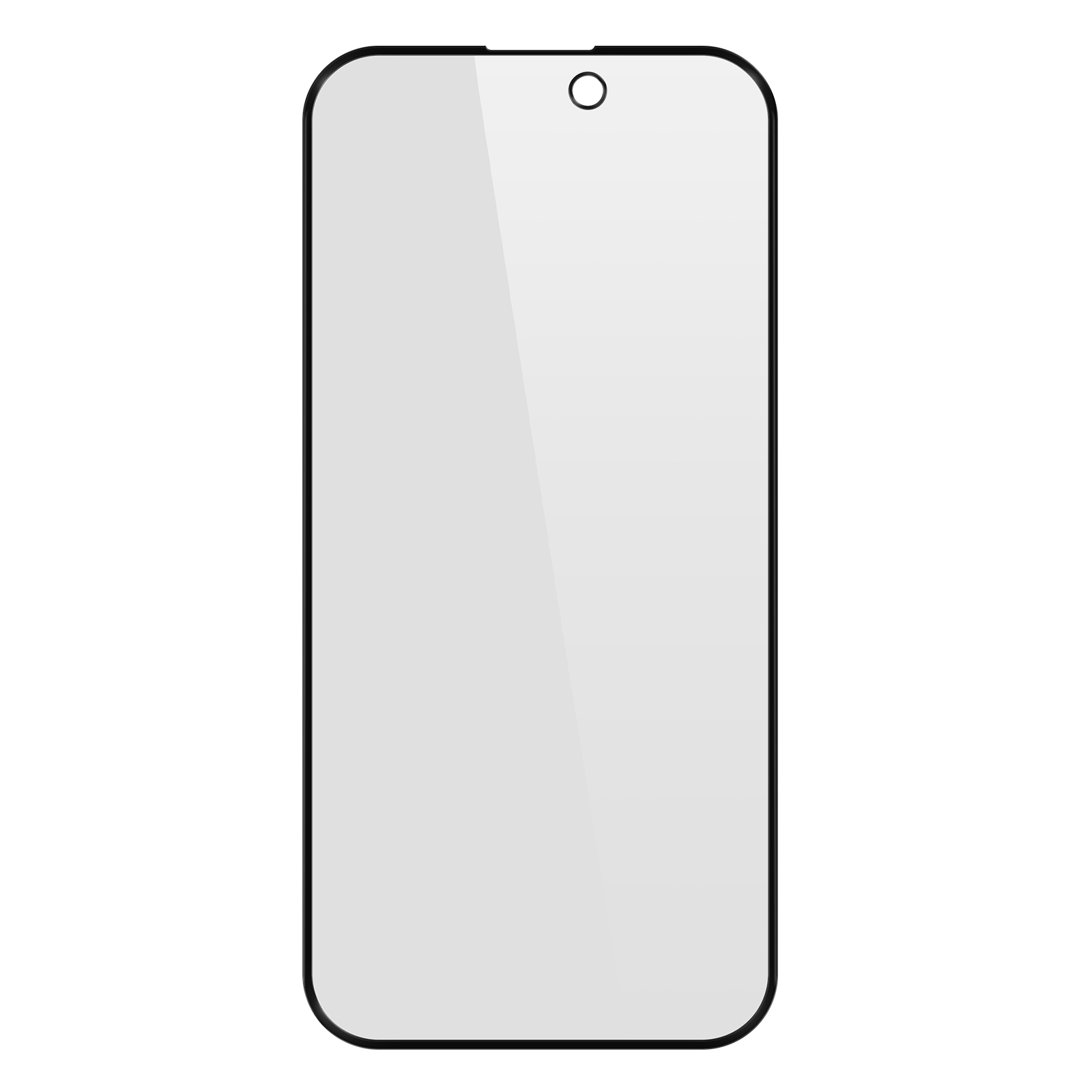 Una protezione per lo schermo dello smartphone. È rettangolare con angoli arrotondati e una cornice nera. Un piccolo cerchio è in alto.