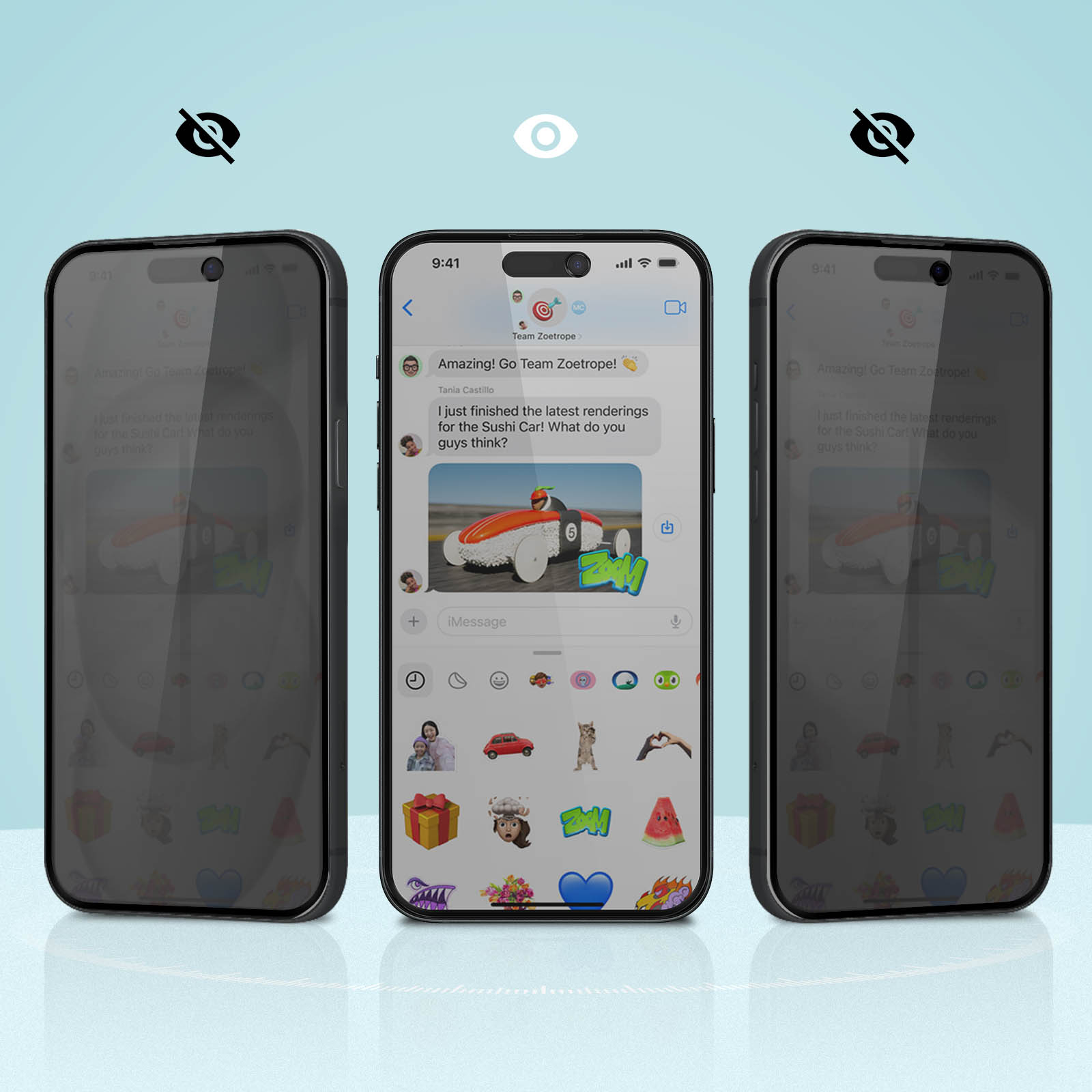 Tre iPhone. Quello centrale mostra un messaggio con un'immagine di un'auto sushi. Gli altri due sono neri.
