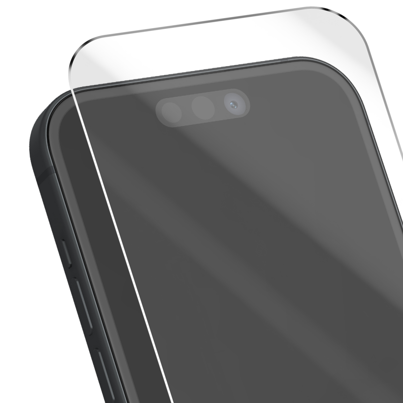 Primo piano di uno smartphone con una protezione per lo schermo applicata. Il telefono è nero, la protezione è trasparente.