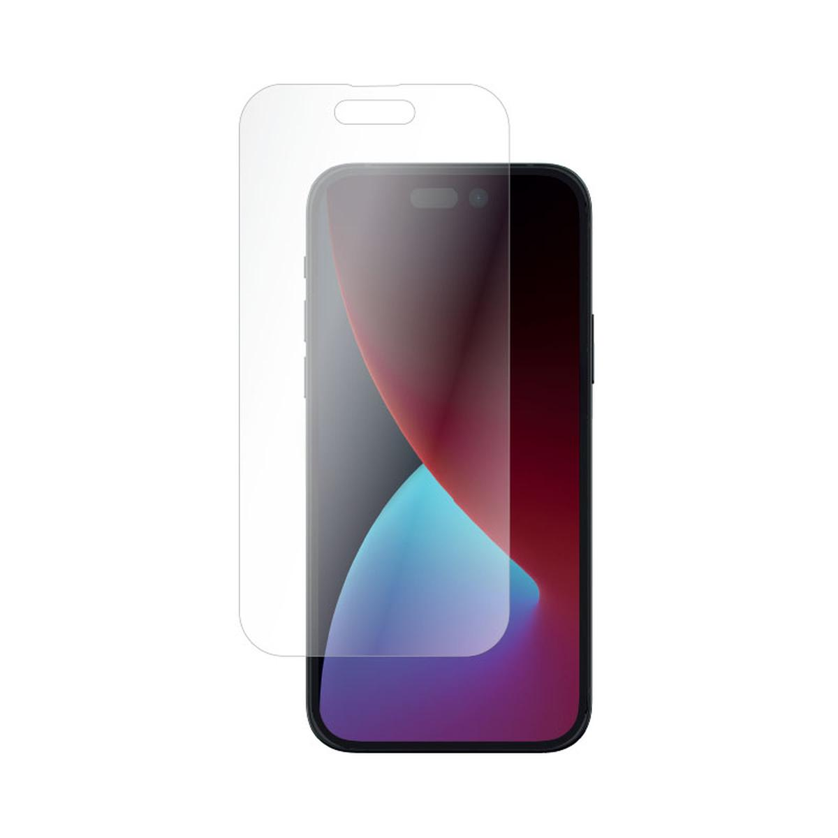 Un smartphone avec un protecteur d'écran. L'écran affiche une image abstraite colorée. Le protecteur est transparent.