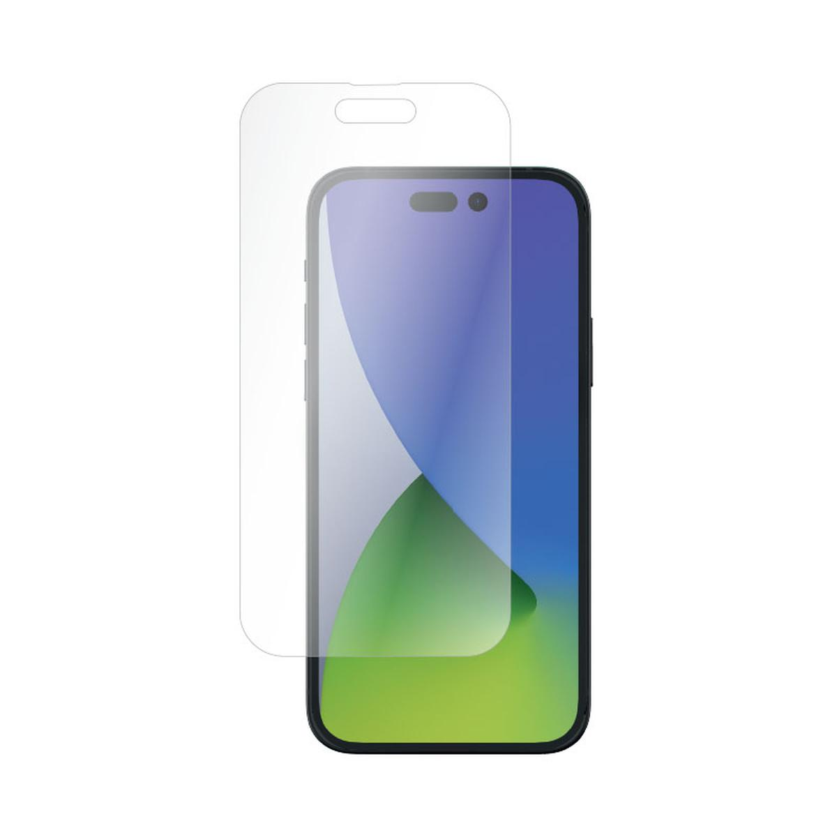 Een smartphone met een schermbeschermer. De telefoon heeft een zwarte rand, een blauw en groen scherm. De beschermer is transparant met een gat.