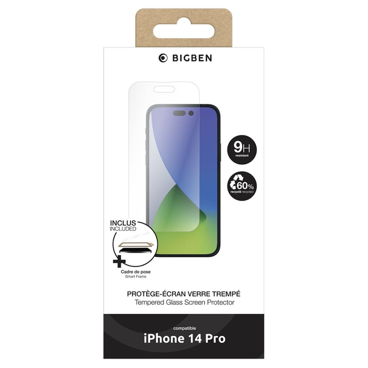Een Bigben iPhone 14 Pro schermbeschermer doos. Toont een telefoon, labels '9H resistant' en '60% recycled'. Inclusief een slim frame.