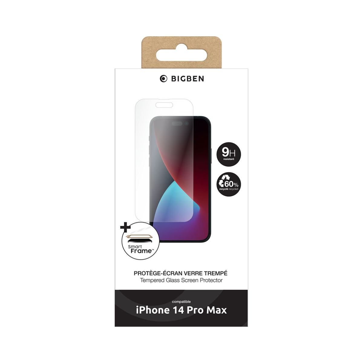 Une boîte de protection d'écran de téléphone. Elle montre un écran de téléphone avec un protecteur, la marque et des détails. C'est pour l'iPhone 14 Pro Max.
