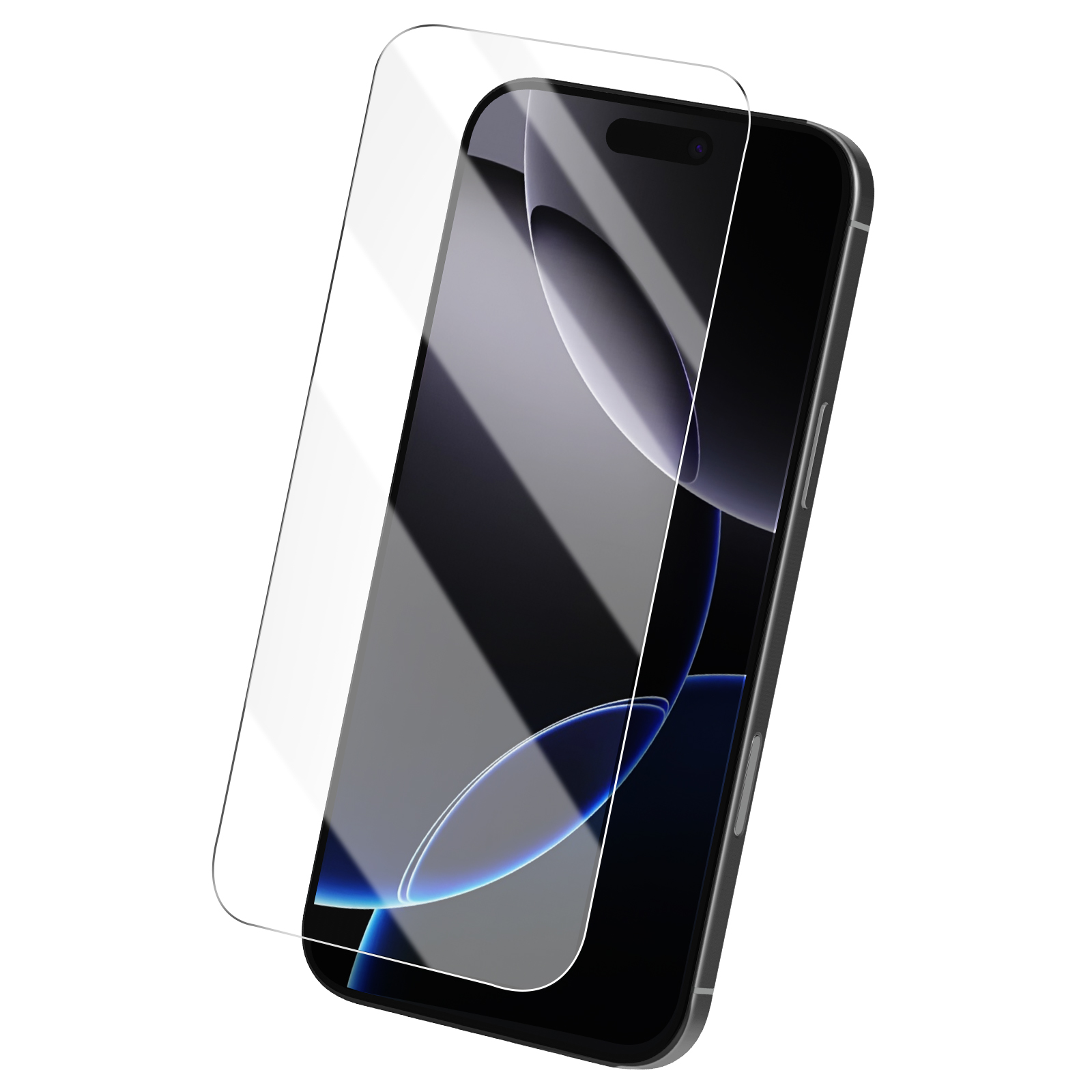 Uno smartphone con protezione schermo applicata. Il telefono è nero, la protezione trasparente. Sfondo bianco.