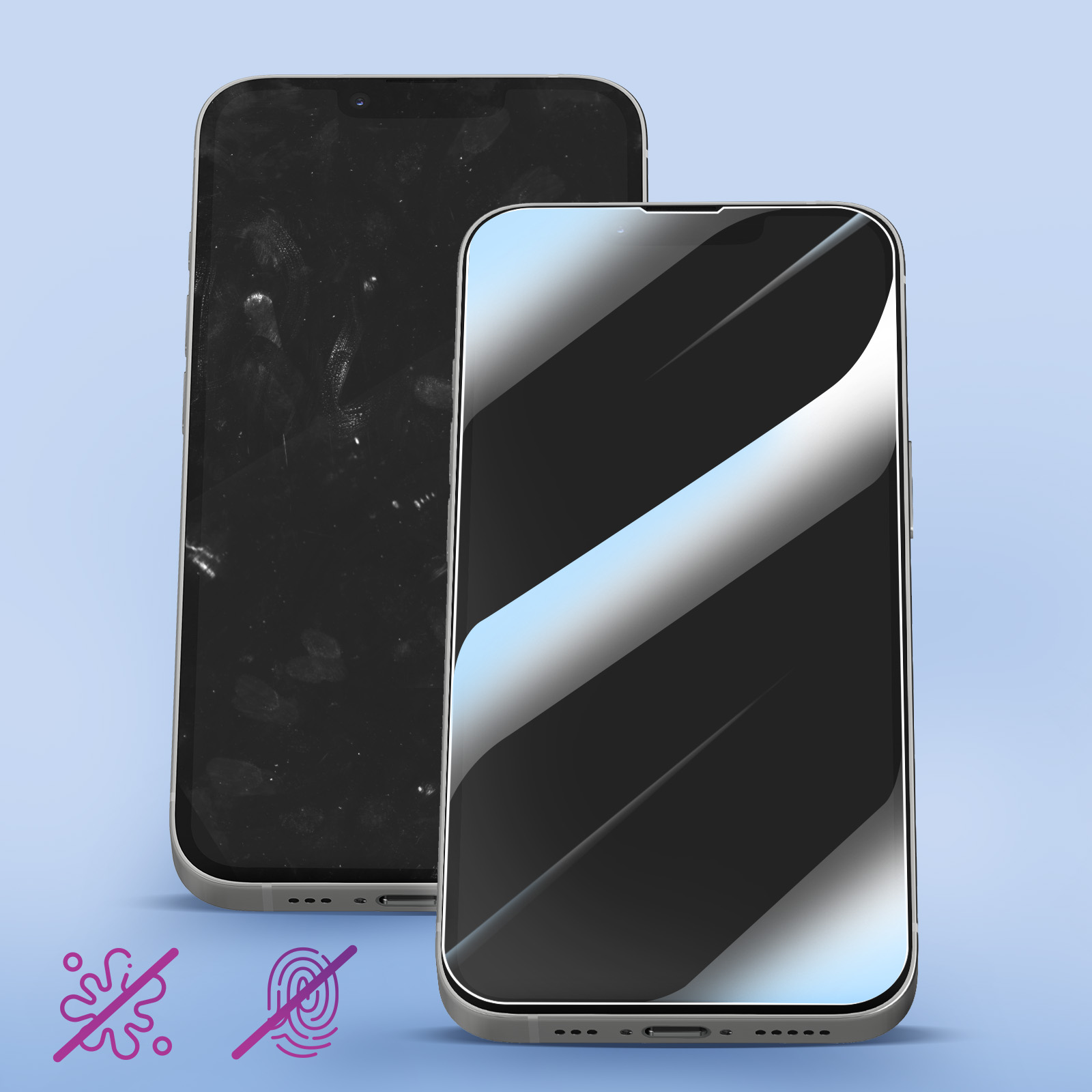 Due smartphone, uno sporco e uno pulito. È presente un'illustrazione viola di un'icona senza macchie e impronte digitali.