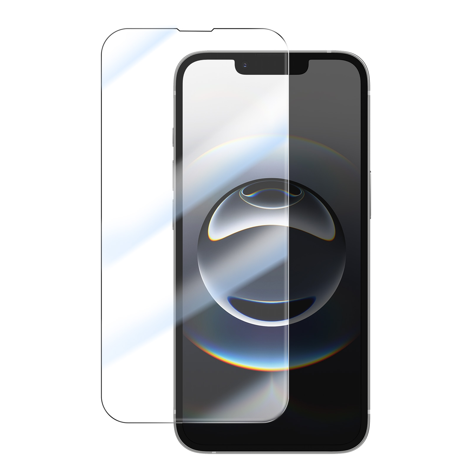 Uno smartphone con protezione schermo applicata. Il telefono è nero, la protezione trasparente, mostra un riflesso.