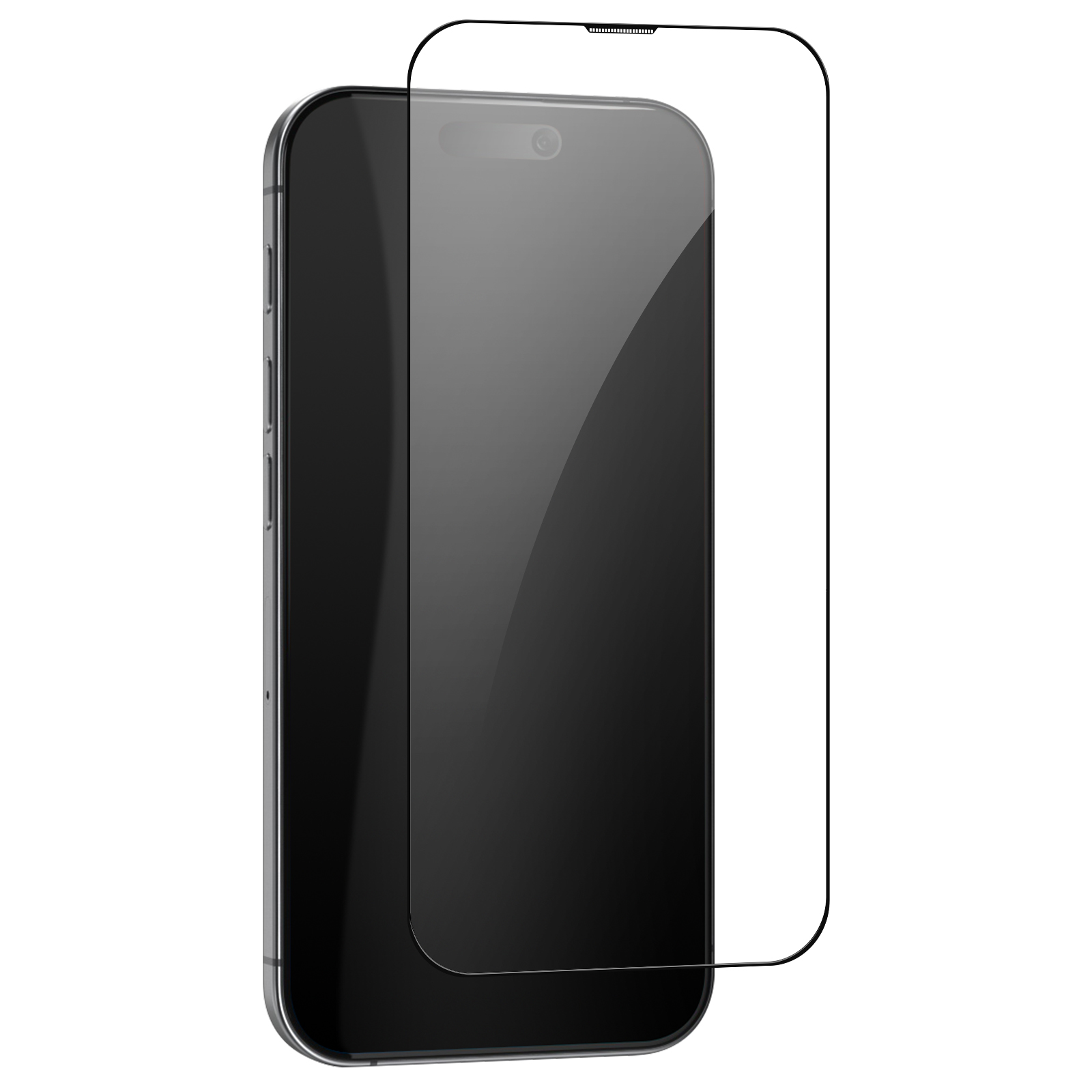 Uno smartphone con protezione schermo su sfondo bianco. Il telefono è nero con angoli arrotondati.
