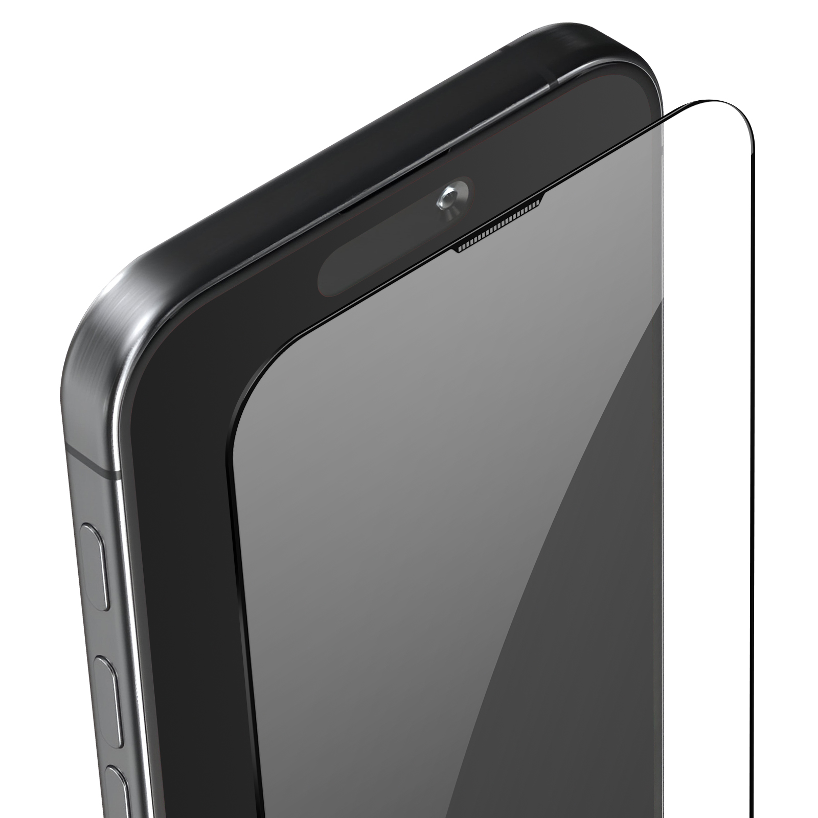 Primo piano di uno smartphone con una protezione per lo schermo applicata. Il telefono è nero e la protezione è trasparente.