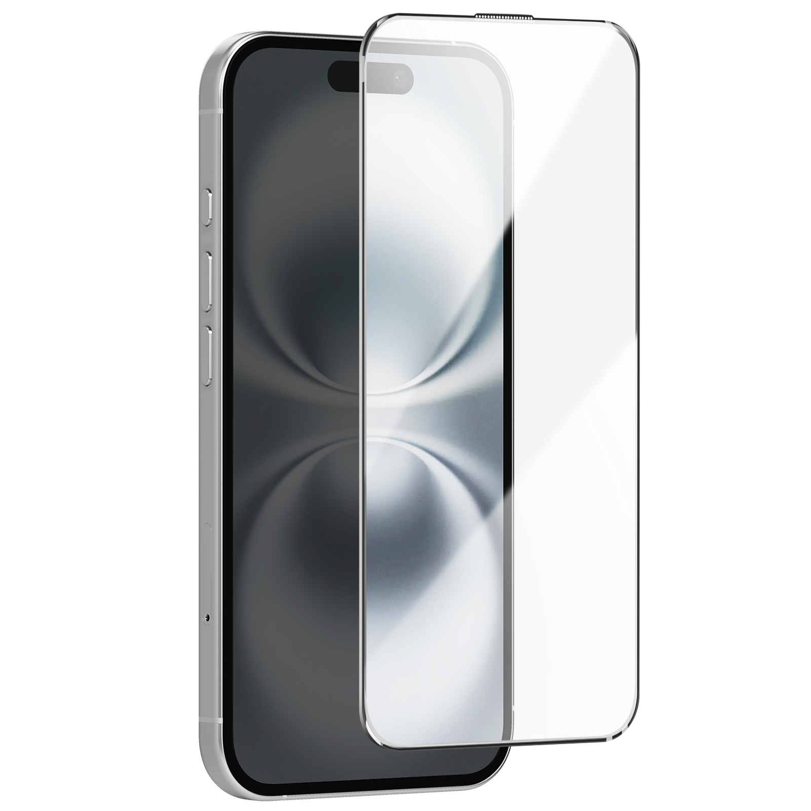 Uno smartphone argentato con una protezione per lo schermo applicata, su sfondo bianco. Il telefono è leggermente angolato. La protezione è trasparente.