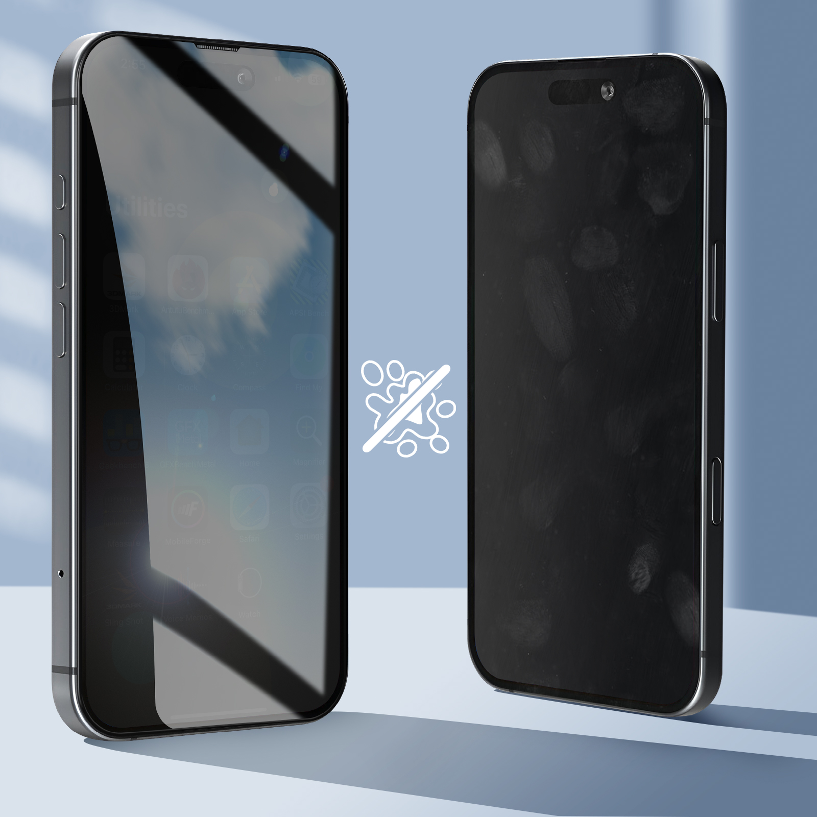 Due smartphone, uno pulito e uno con impronte digitali. Un simbolo di pulizia tra loro. Sfondo blu.