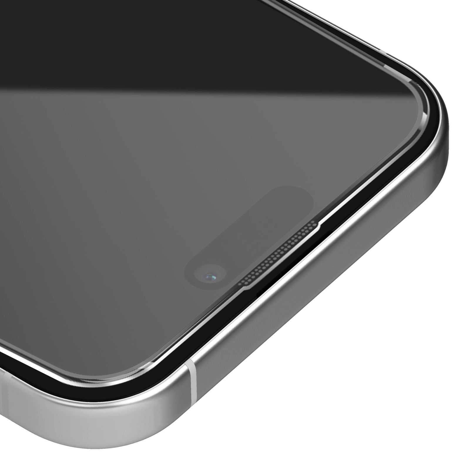 Primo piano dello schermo e della cornice di uno smartphone. Lo schermo è nero e la cornice argentata.