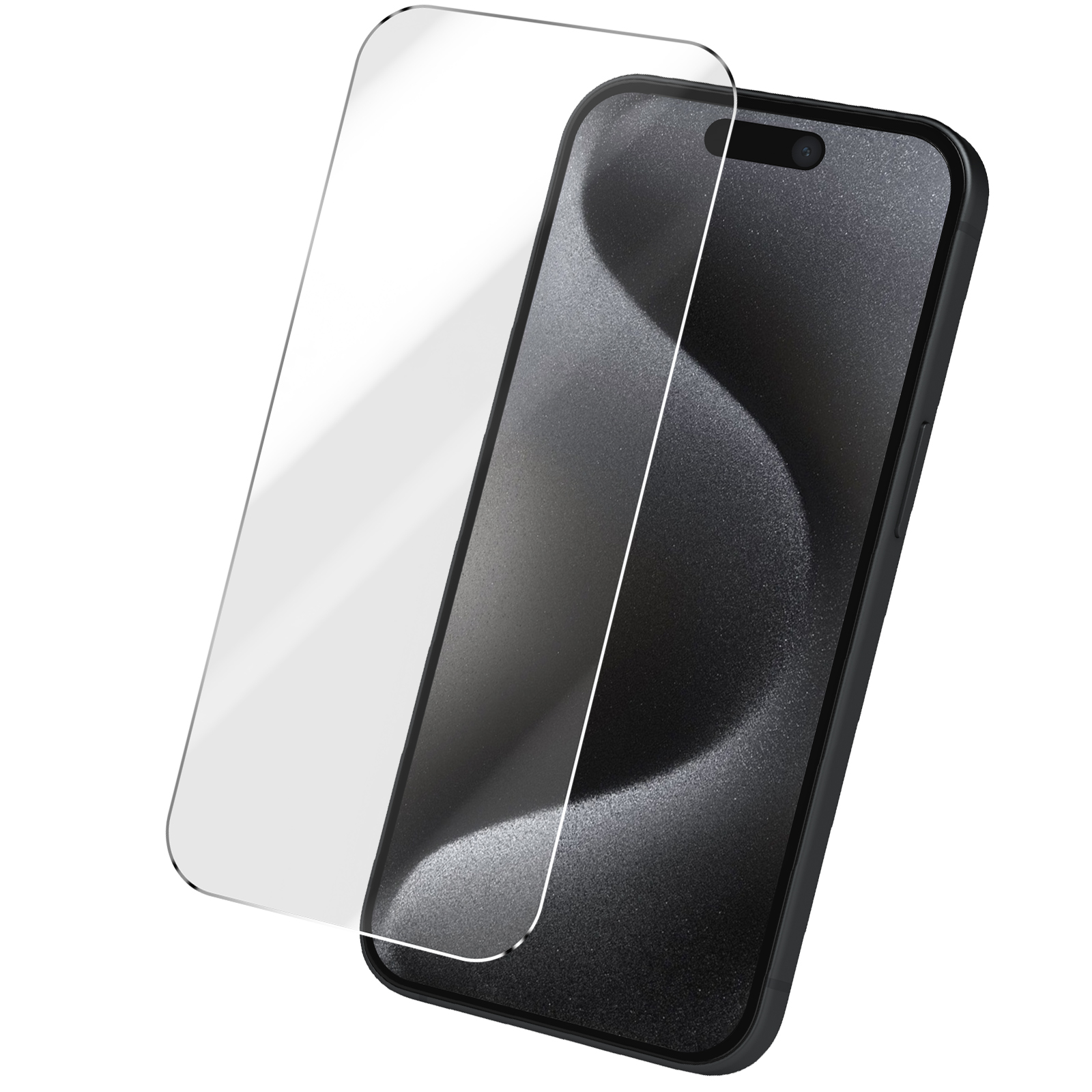 Uno smartphone nero con una protezione per lo schermo. La protezione è trasparente, il telefono è nero. Isolato su sfondo bianco.