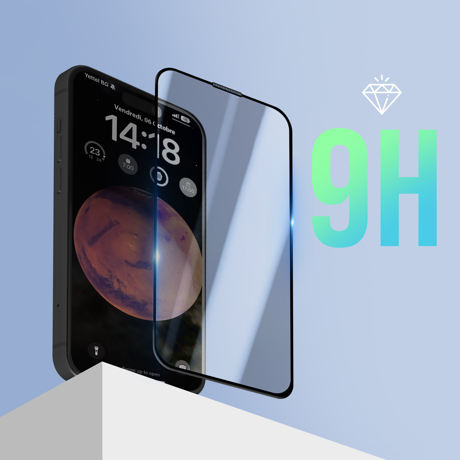 Smartphone con protezione schermo, mostra un'immagine del pianeta. Lo sfondo è azzurro.
