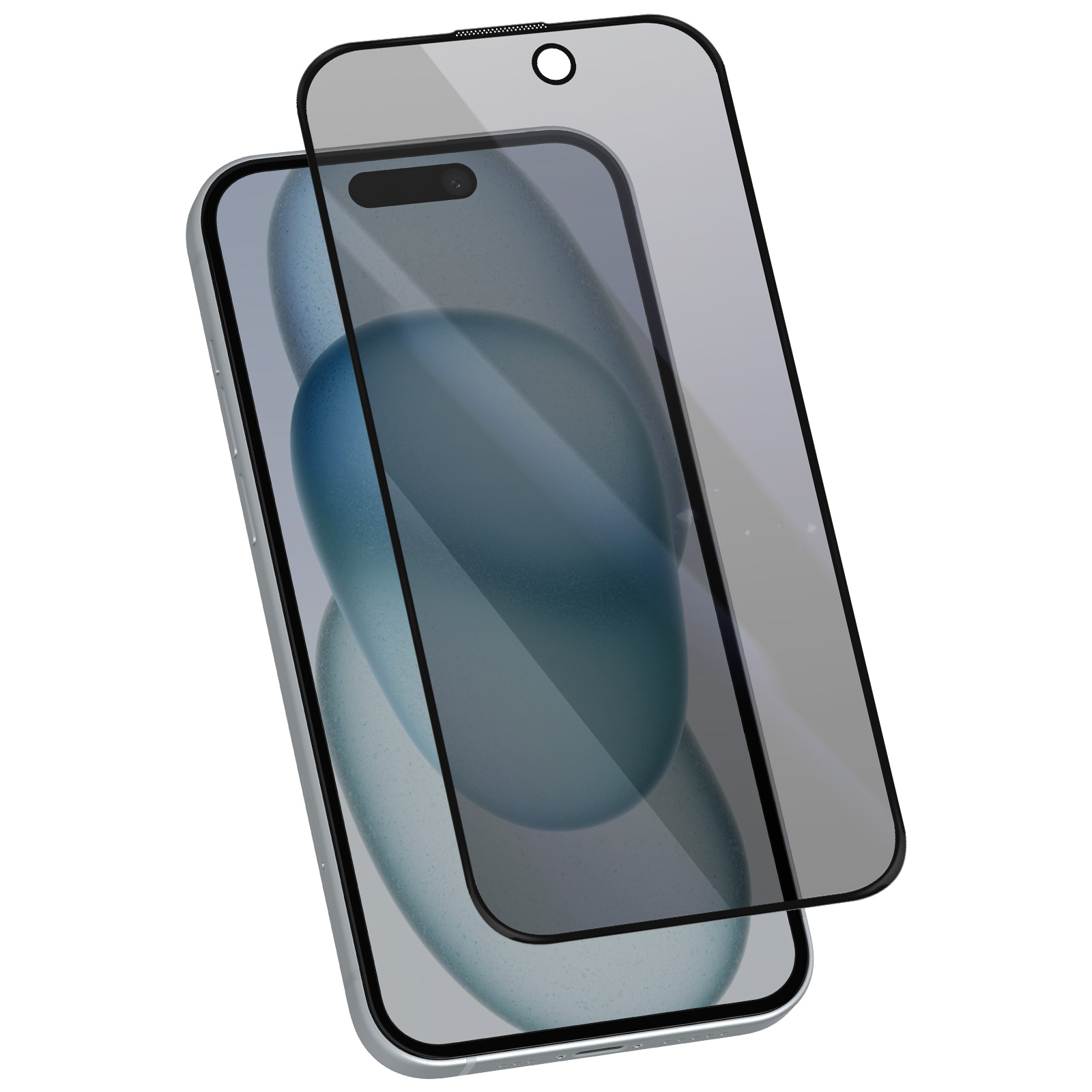 Un telefono con protezione schermo. La protezione è leggermente sollevata. Il telefono ha una fotocamera.