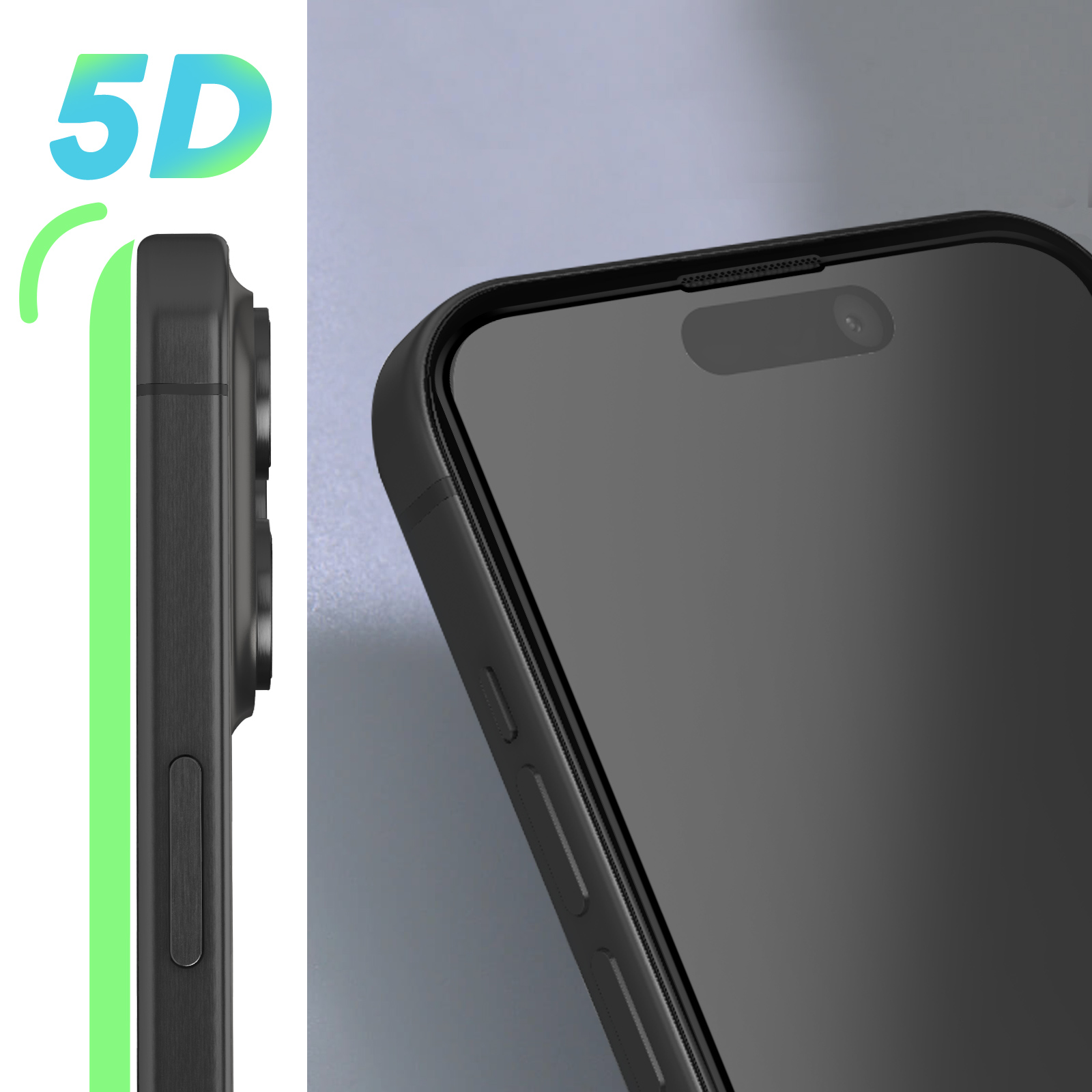 Telefono nero con protezione schermo, vista laterale con pulsanti e fotocamera. Testo 5D verde e blu a sinistra.
