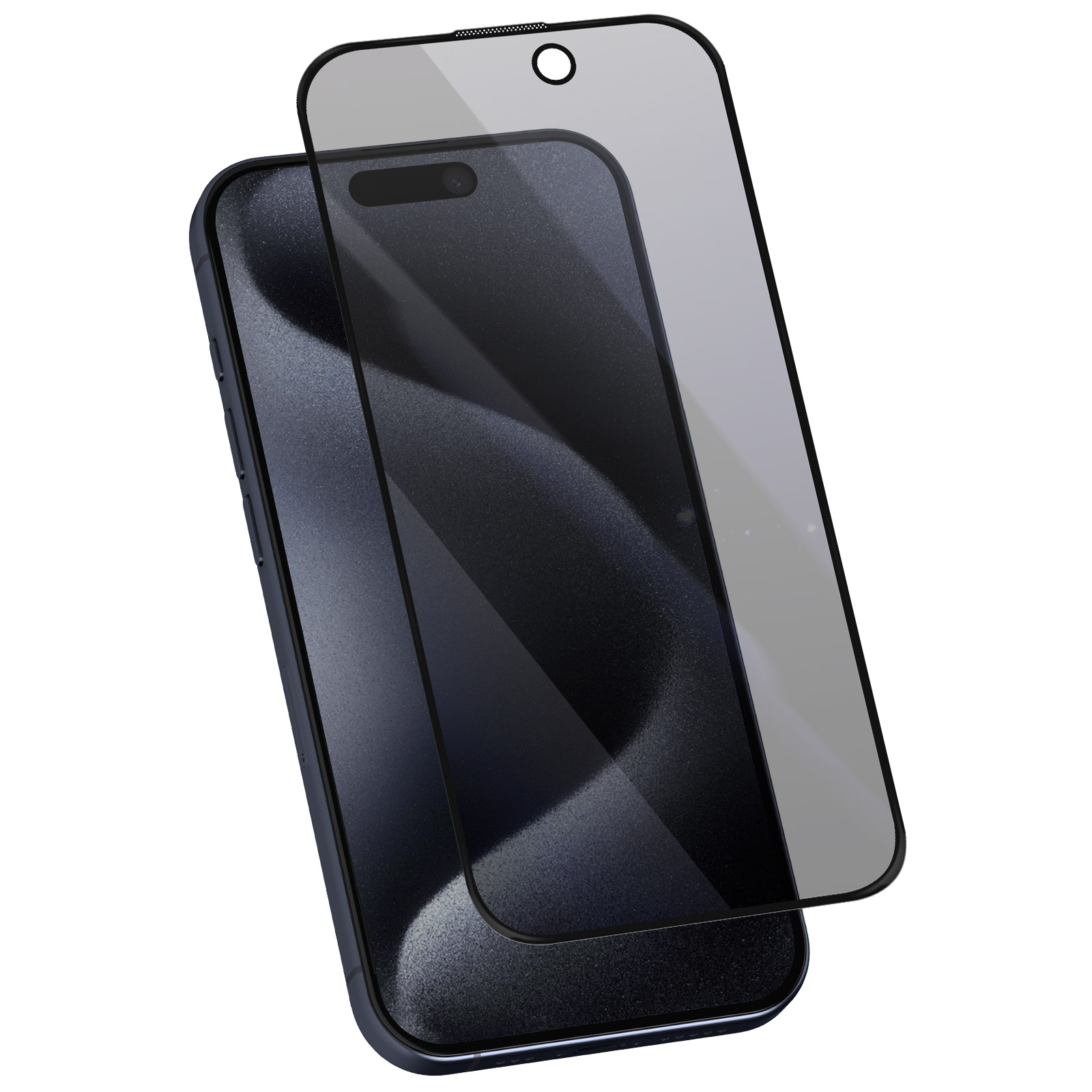 Smartphone con protezione schermo. Il telefono è blu scuro, la protezione grigio trasparente.