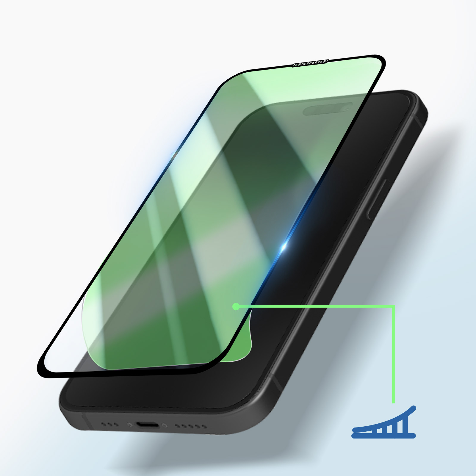 Uno smartphone nero con protezione schermo viene mostrato. La protezione è verde e si sta staccando. Una linea verde punta a un grafico.