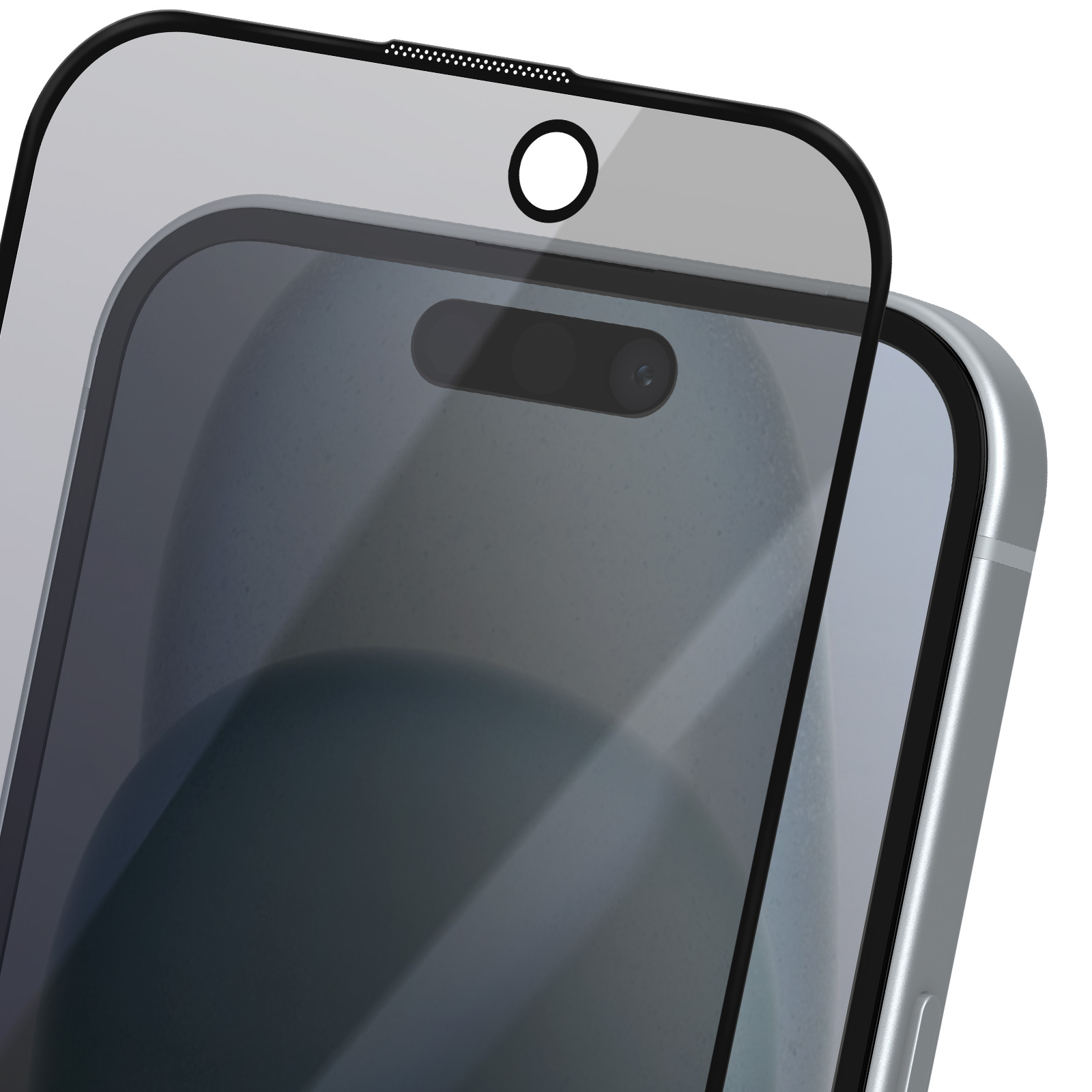 Primo piano di un telefono con protezione schermo. Il telefono è argento. La protezione è trasparente e ha un bordo nero. Il telefono ha una fotocamera.