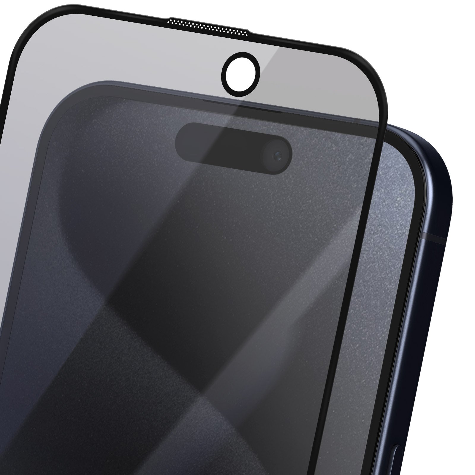 Un proteggi schermo viene posizionato su uno smartphone. Il telefono ha un ritaglio per la fotocamera e una cornice nera.