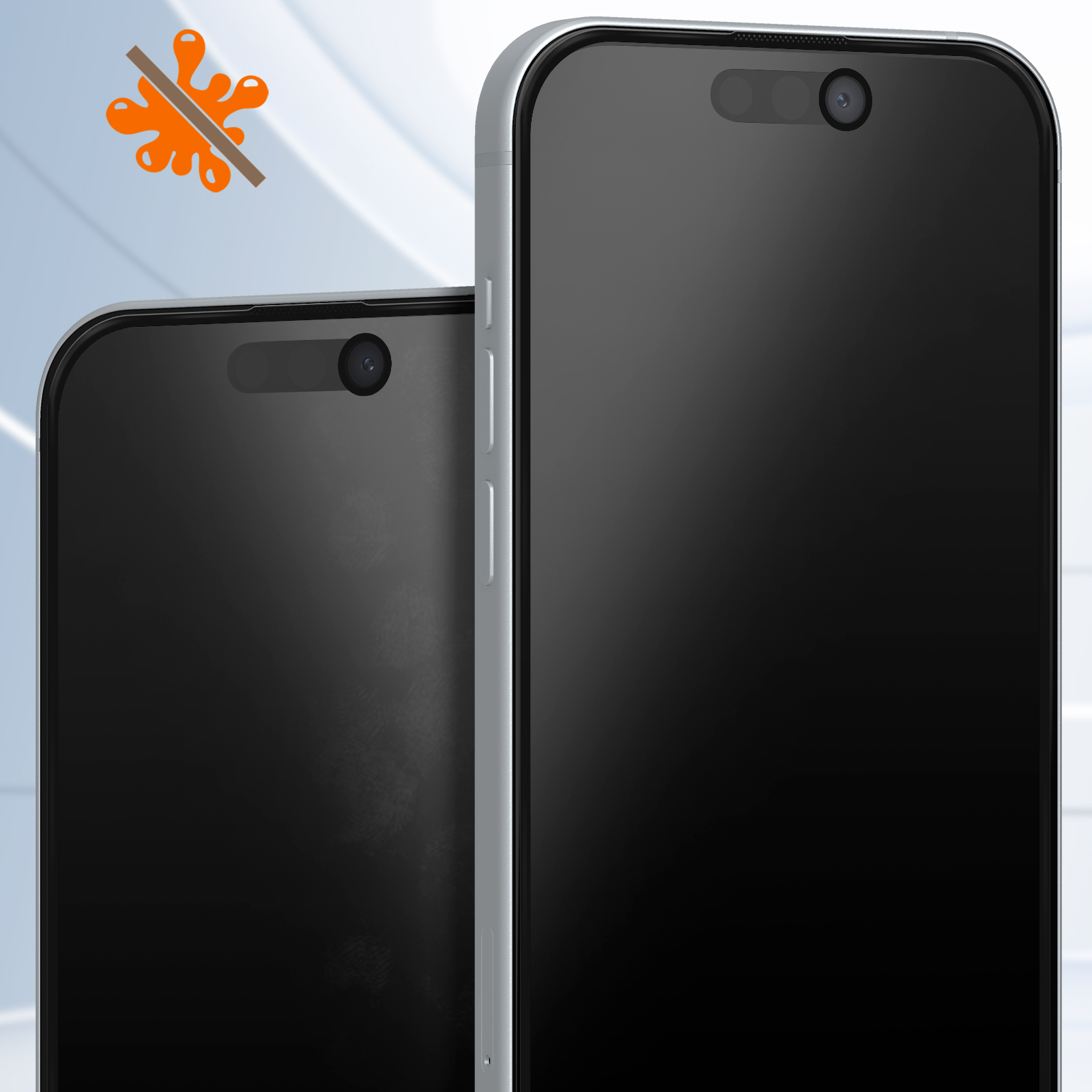 Due smartphone con schermi neri. Uno è a fuoco con cornice argentata. Un'icona di spruzzo arancione è sbarrata sopra.