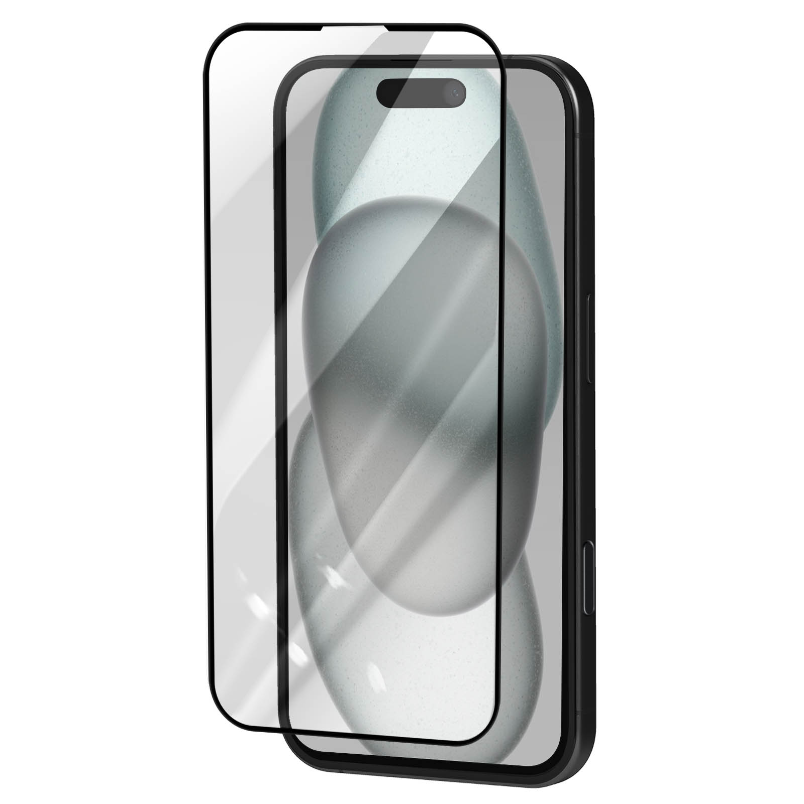 Uno smartphone nero con una protezione per lo schermo sovrapposta. Lo schermo mostra forme astratte sfocate. La protezione è trasparente.