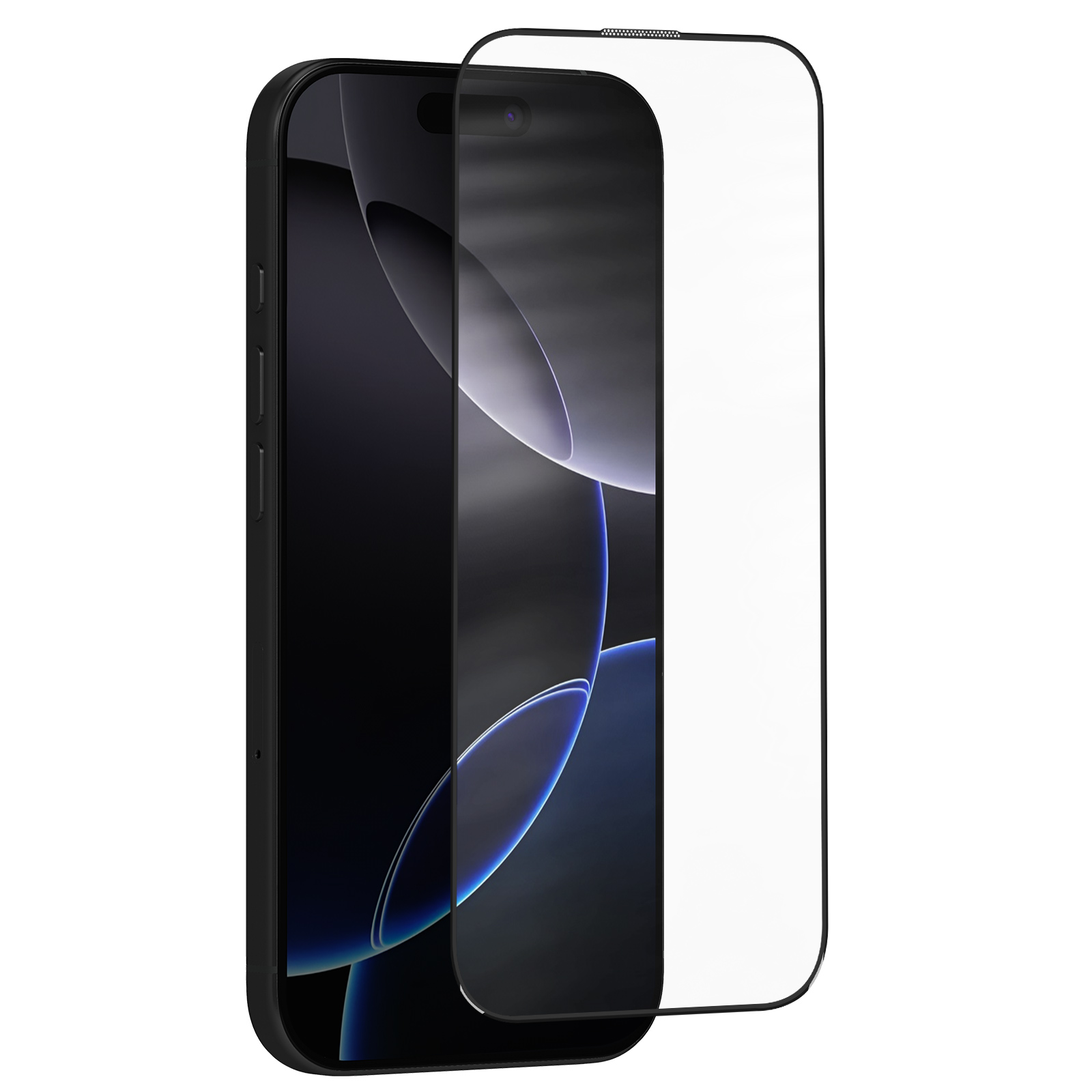 Uno smartphone con una protezione per lo schermo applicata. Il telefono è nero, la protezione è trasparente e lo sfondo è bianco.