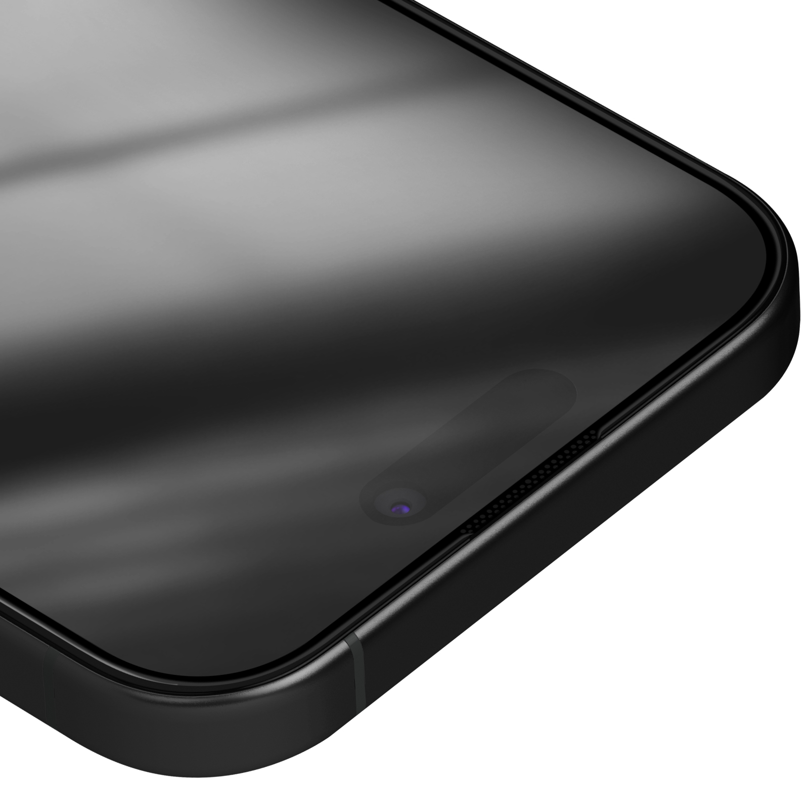 Primo piano di uno smartphone nero. Lo schermo è lucido e la fotocamera è visibile. Anche il bordo del telefono è nero.