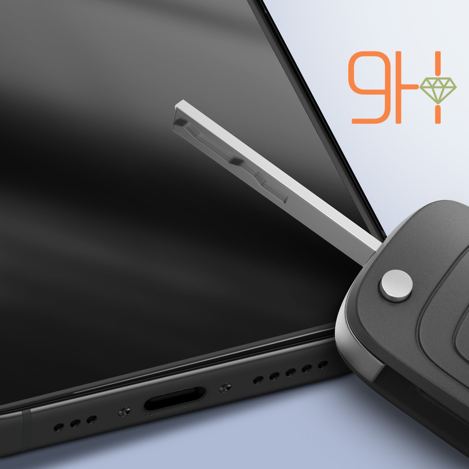 Uno smartphone con una chiave dell'auto, lo schermo con il testo "9H".
