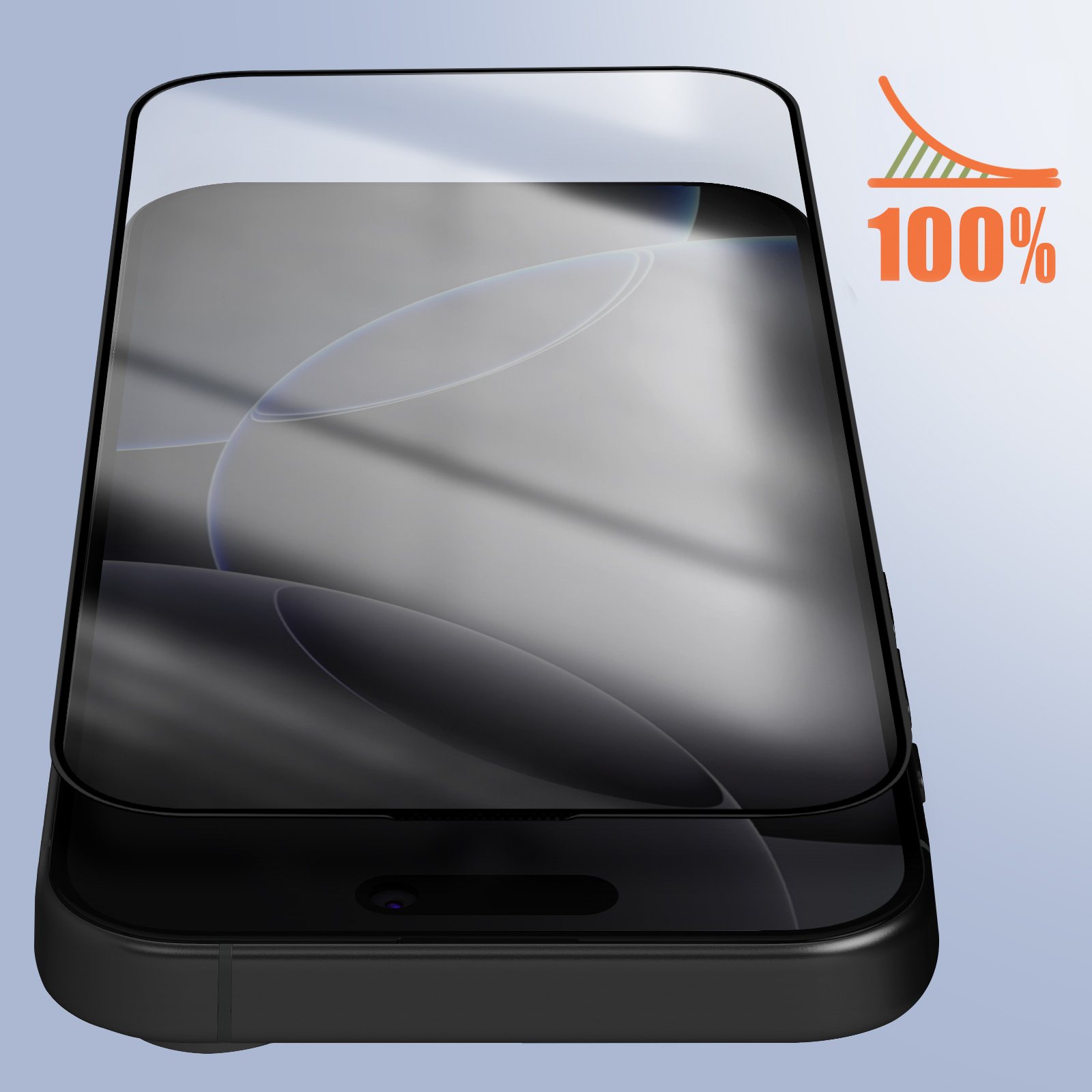 Uno smartphone nero con protezione schermo su sfondo azzurro. Lo schermo mostra un design a sfera bianca.