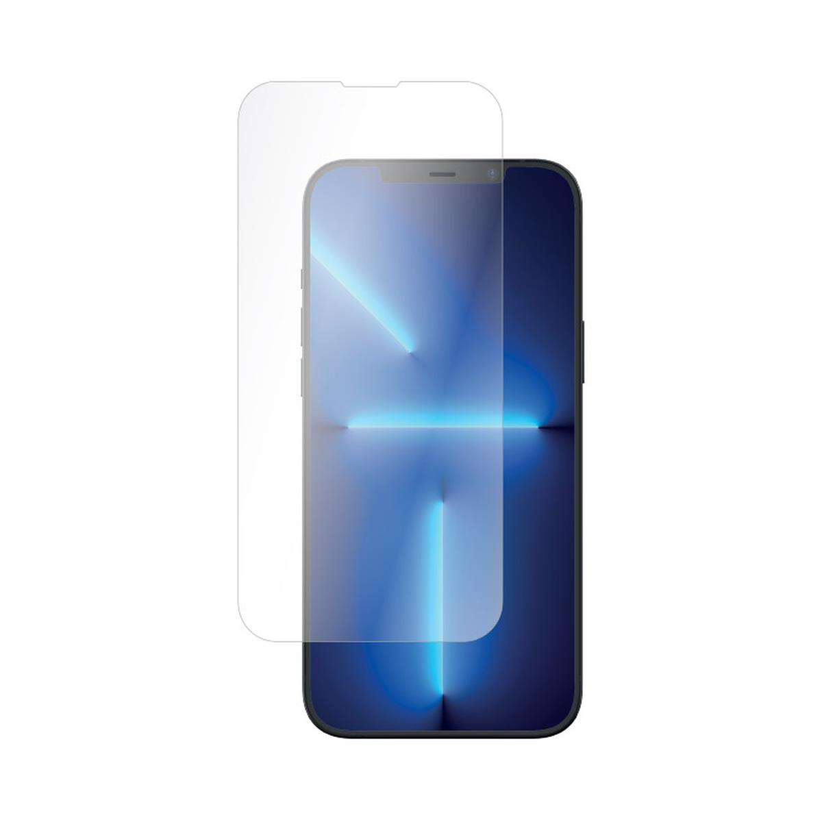 Een smartphone met een schermbeschermer. De telefoon is zwart met een blauw verloopdisplay. De beschermer is transparant en op de telefoon geplaatst.