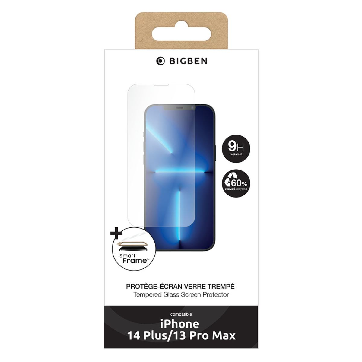 Verpakking toont een schermbeschermer. Het product is voor iPhone 14 Plus/13 Pro Max. Inclusief een transparante schermbeschermer en branding.