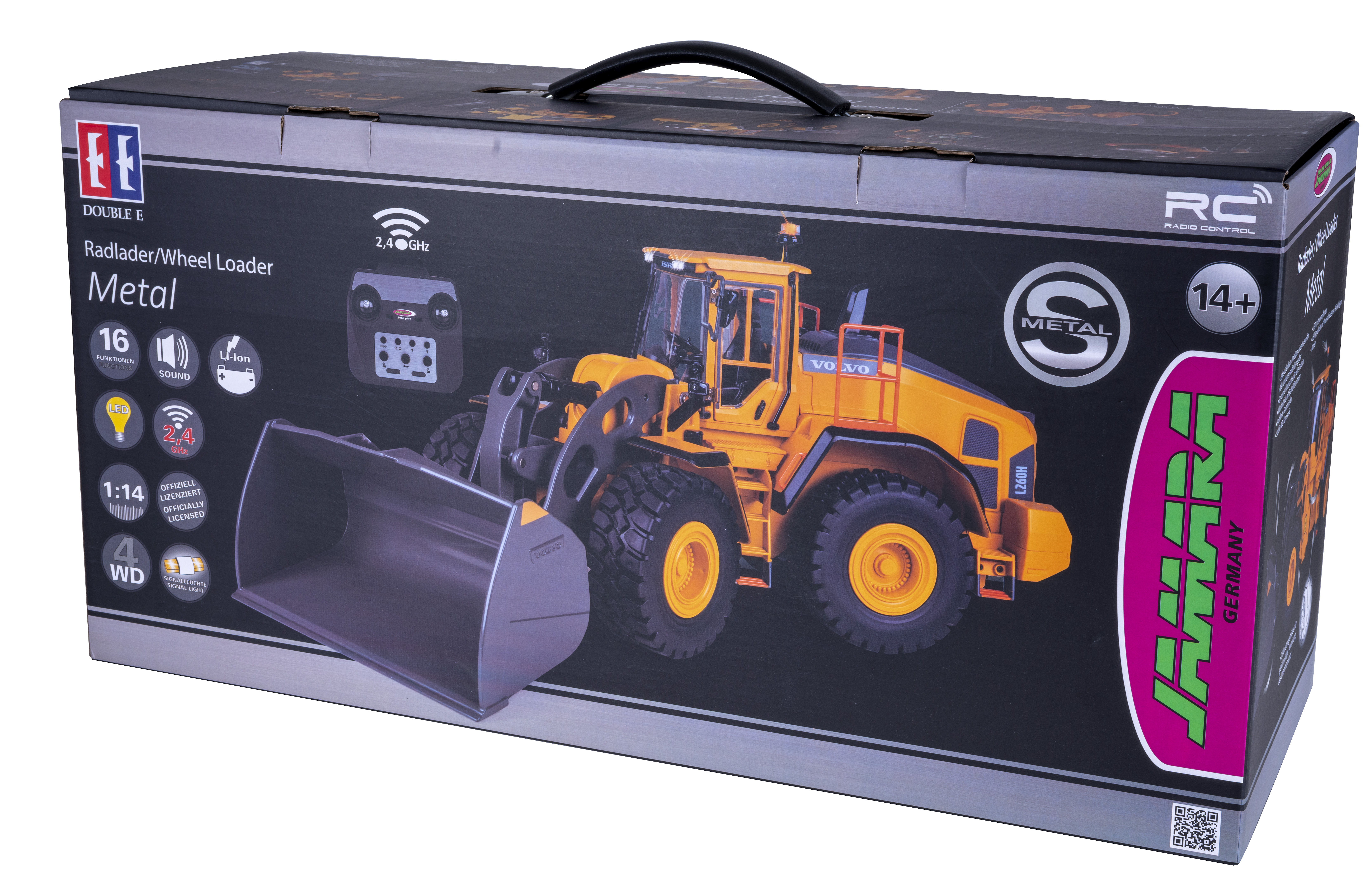 Die Box zeigt ein gelbes Volvo-Radlader-Spielzeug. Text enthält 'Metal', 'RC Radio Control' und 'Jamara Germany'.