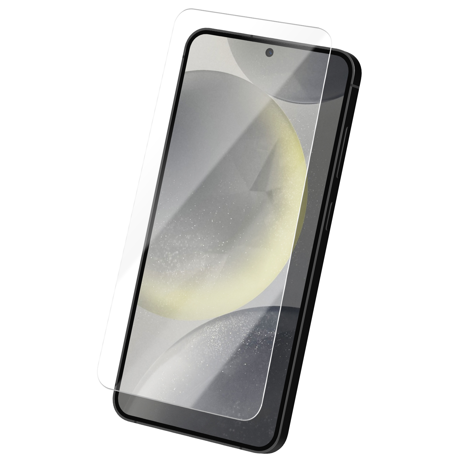 Uno smartphone nero con una protezione per lo schermo applicata. Lo schermo mostra un design astratto chiaro.