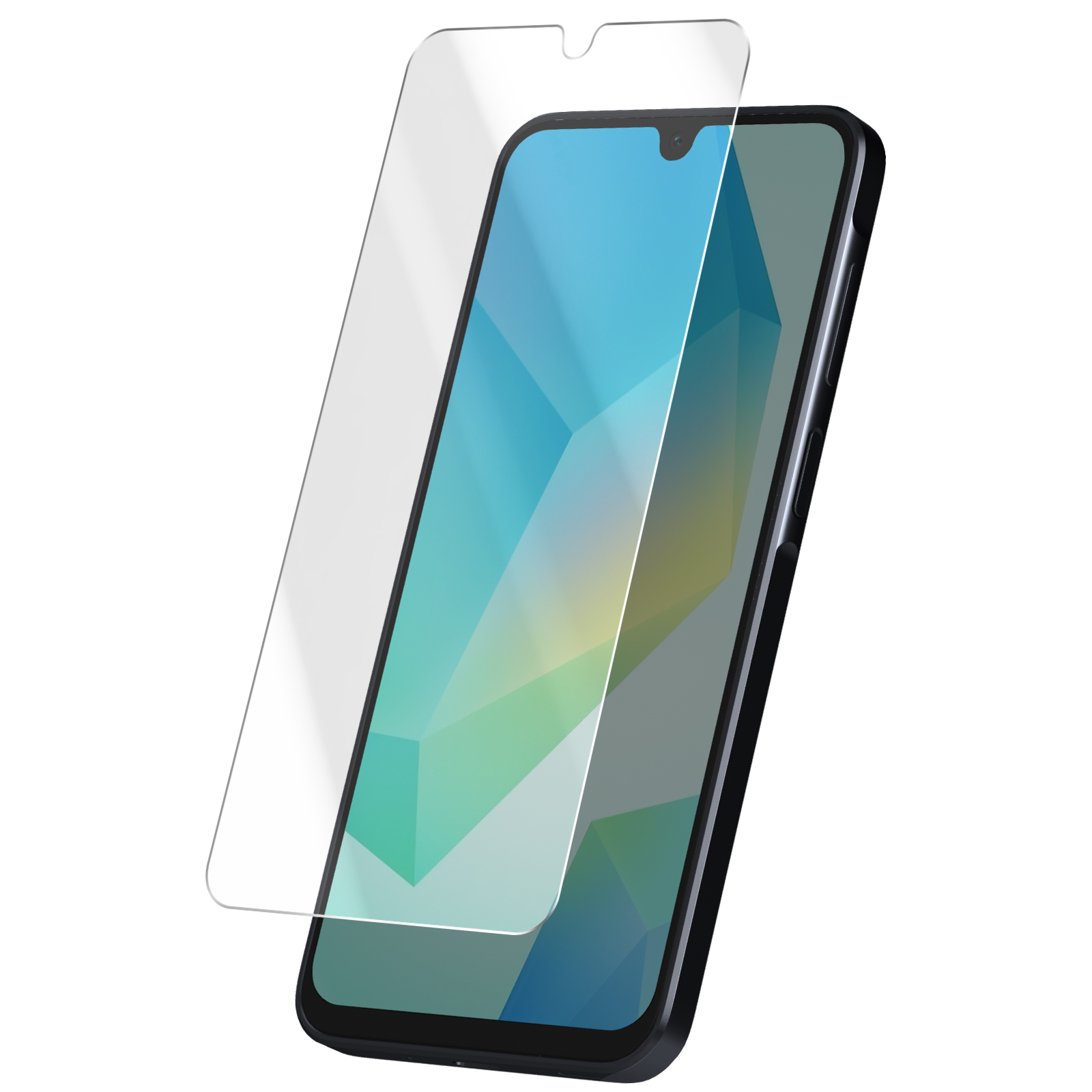 È visualizzato uno smartphone nero con una protezione per lo schermo. Lo schermo mostra un design geometrico blu e verde.