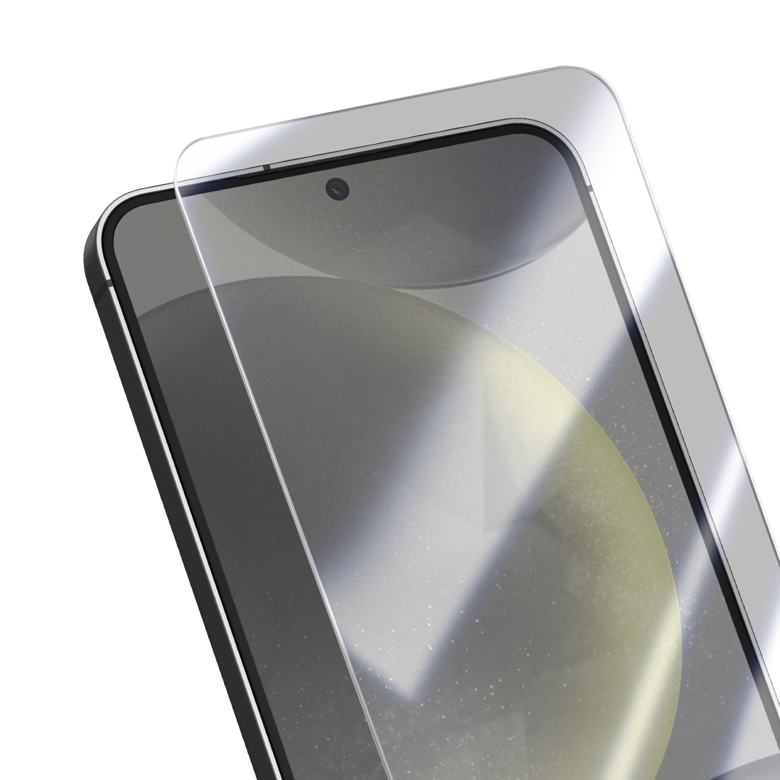 Uno smartphone con protezione schermo applicata. Il telefono è nero con cornice argentata, il protettore è trasparente.