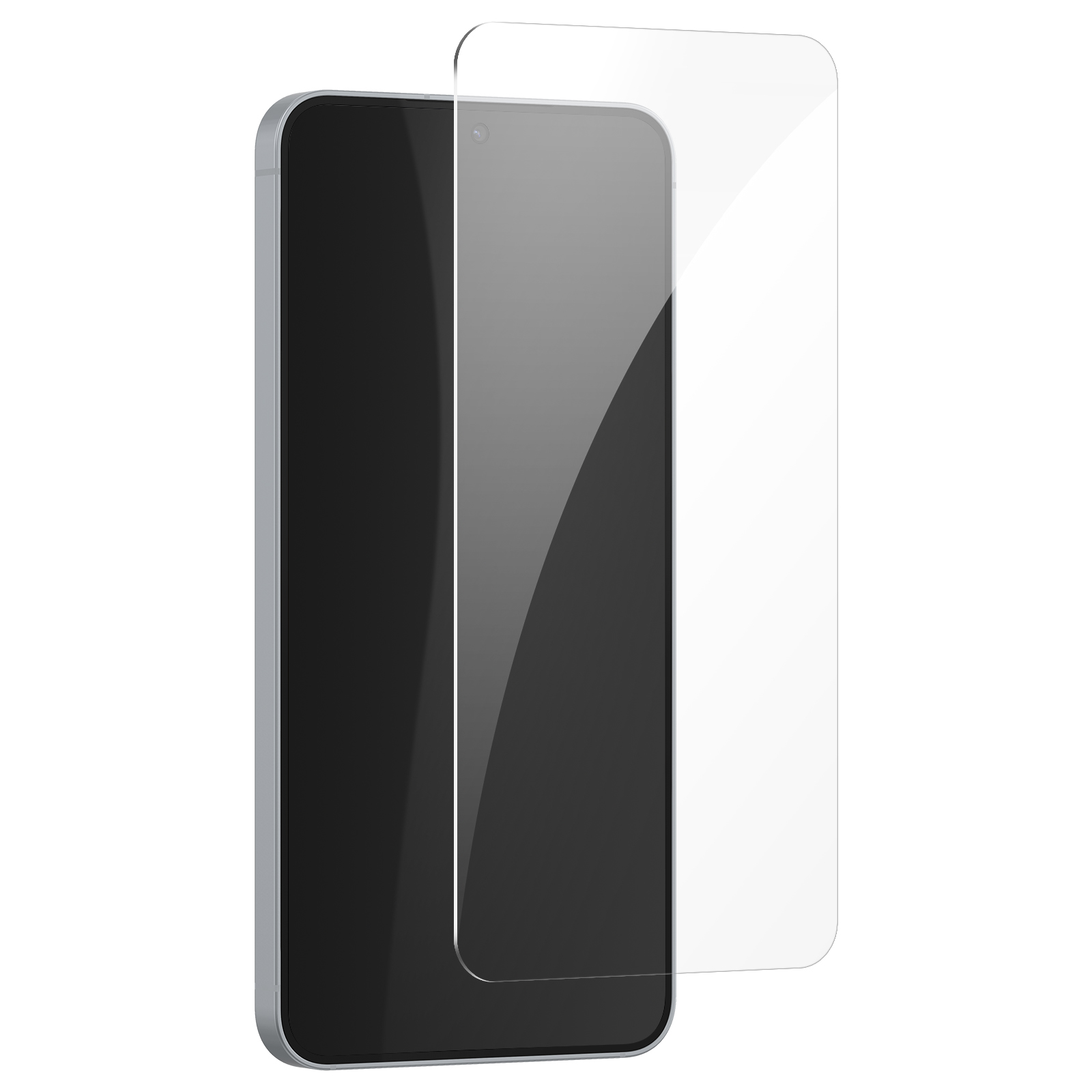 Uno smartphone con una protezione per lo schermo applicata. Il telefono è argento con schermo nero. La protezione è trasparente.