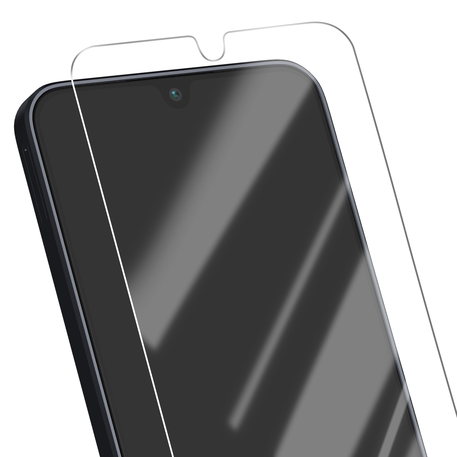 Uno smartphone con protezione schermo applicata. Il telefono è nero, lo schermo riflette, e la protezione è trasparente.