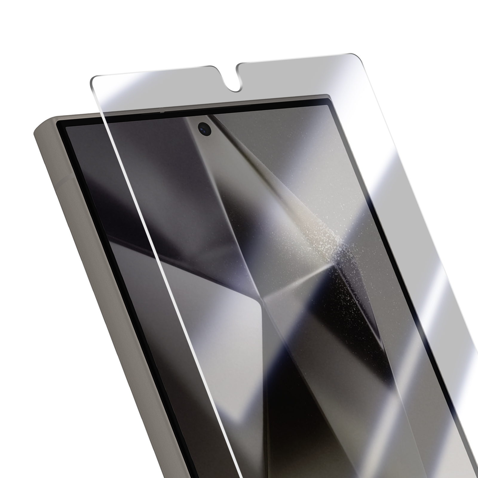 Un proteggi schermo è posizionato sopra un tablet, mostrando la fotocamera e lo schermo. Il tablet è grigio e la protezione è trasparente.