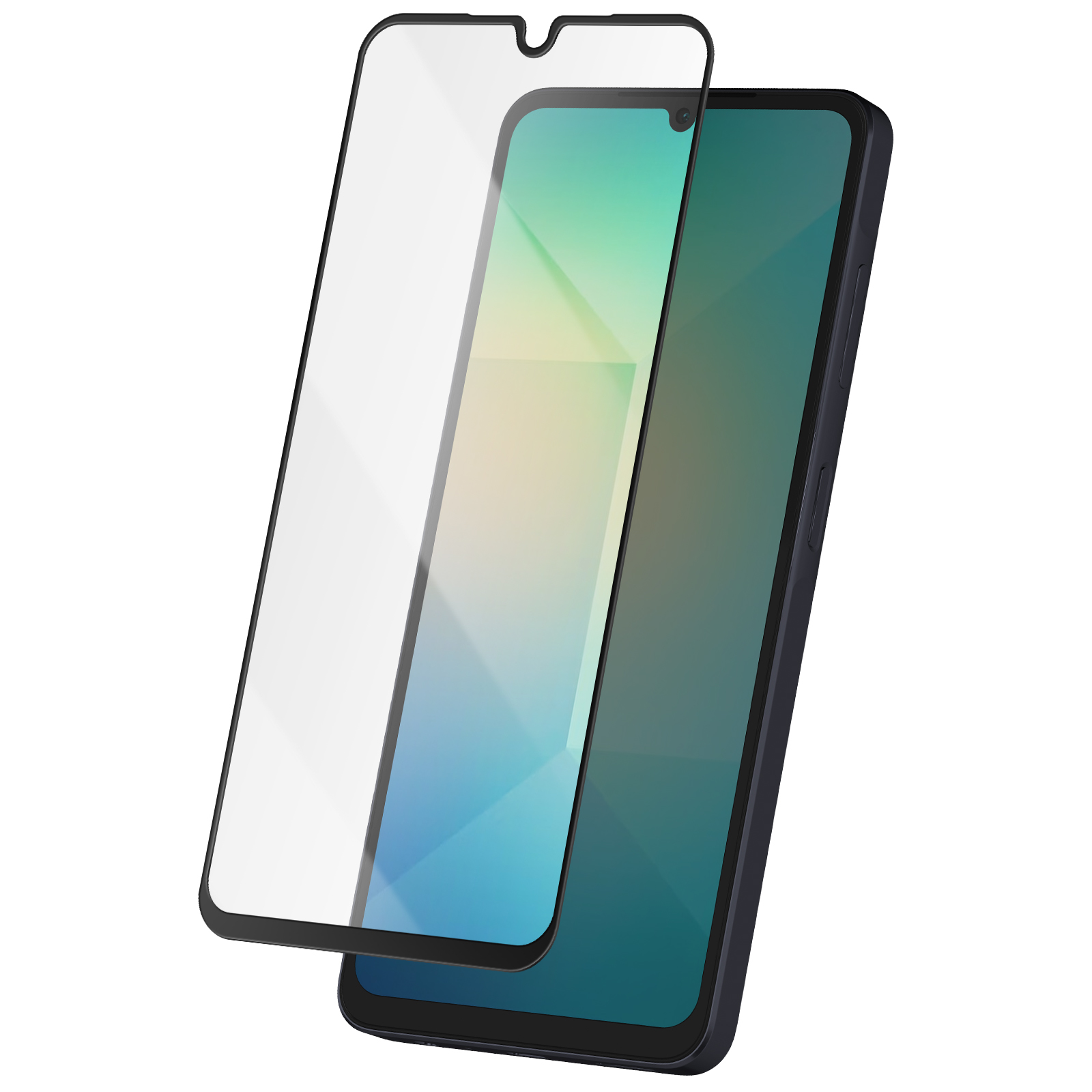 Uno smartphone con una protezione per lo schermo sovrapposta. Il telefono ha un display verde acqua. La protezione è trasparente.