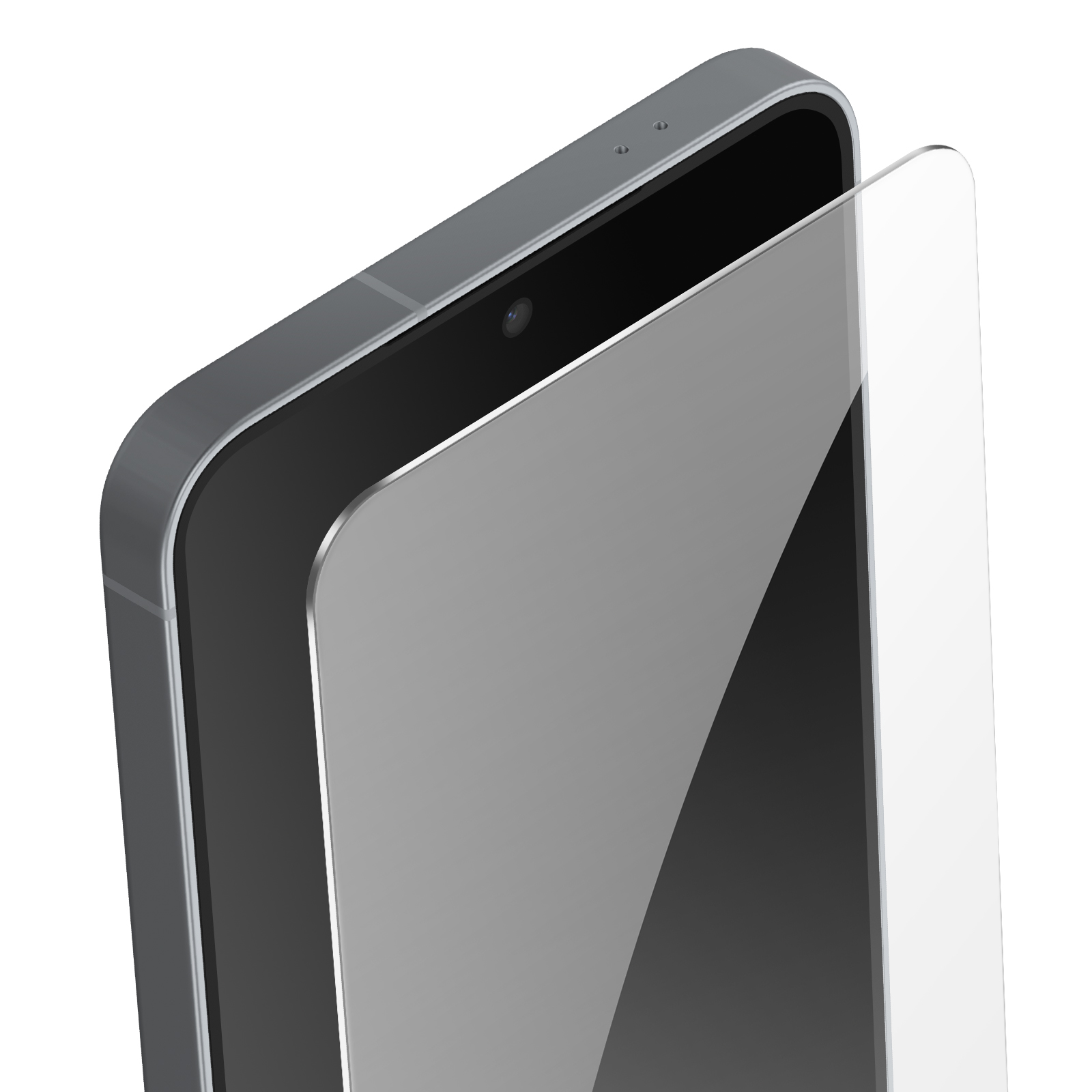 Uno smartphone con una protezione per lo schermo. Il telefono è grigio e una protezione trasparente è parzialmente staccata.