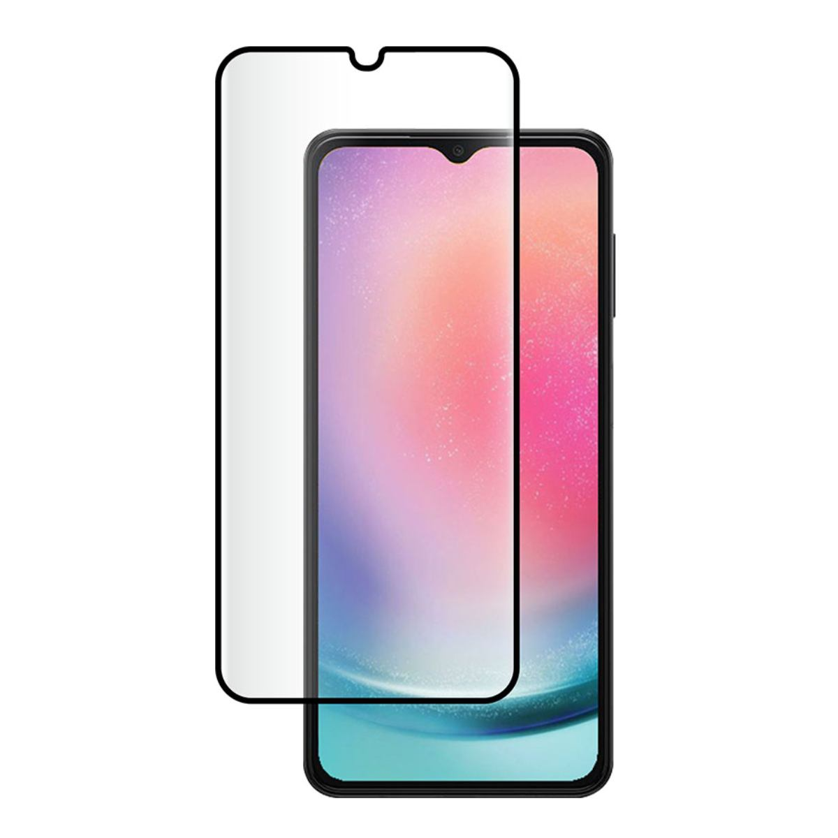 Een smartphone met een schermbeschermer. De telefoon heeft een kleurrijk scherm, en de beschermer is transparant met een zwarte rand. De achtergrond is wit.