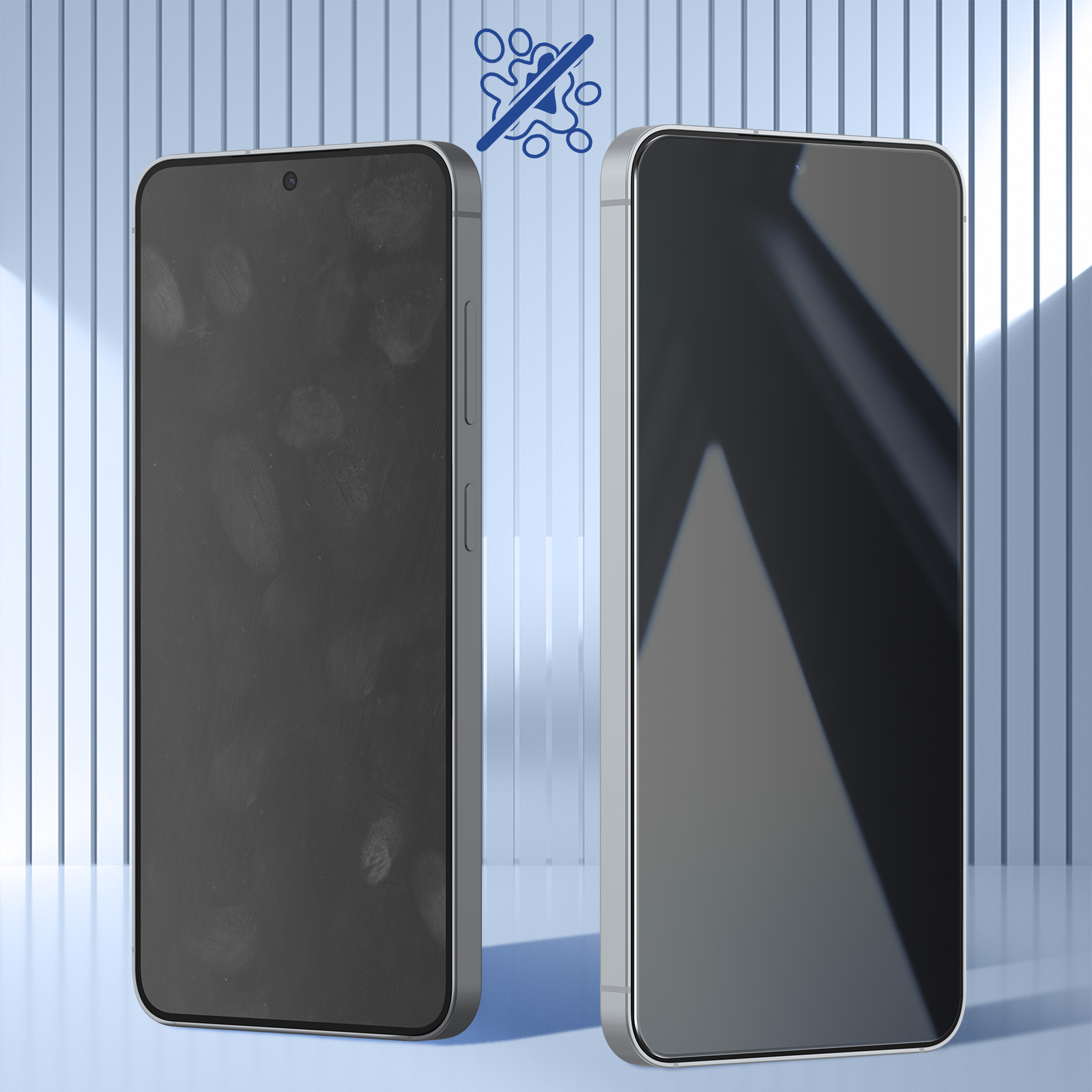 Sono visualizzati due smartphone. Uno mostra impronte digitali, l'altro è pulito. Un simbolo indica la resistenza alle impronte.