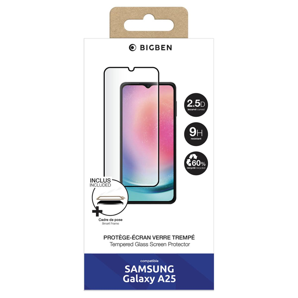 Verpakte schermbeschermer voor Samsung Galaxy A25. Kenmerken: 2.5D, 9H resistent en 60% gerecycled. Inclusief slim frame voor eenvoudige installatie.