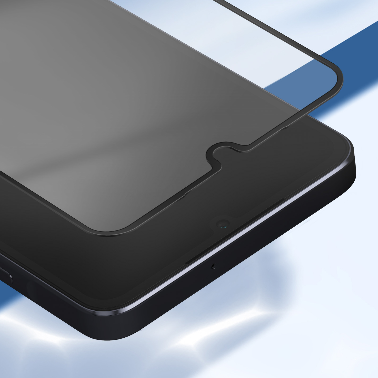 Primo piano di uno smartphone nero con protezione schermo. Il telefono ha fotocamera e altoparlante. Sfondo azzurro.