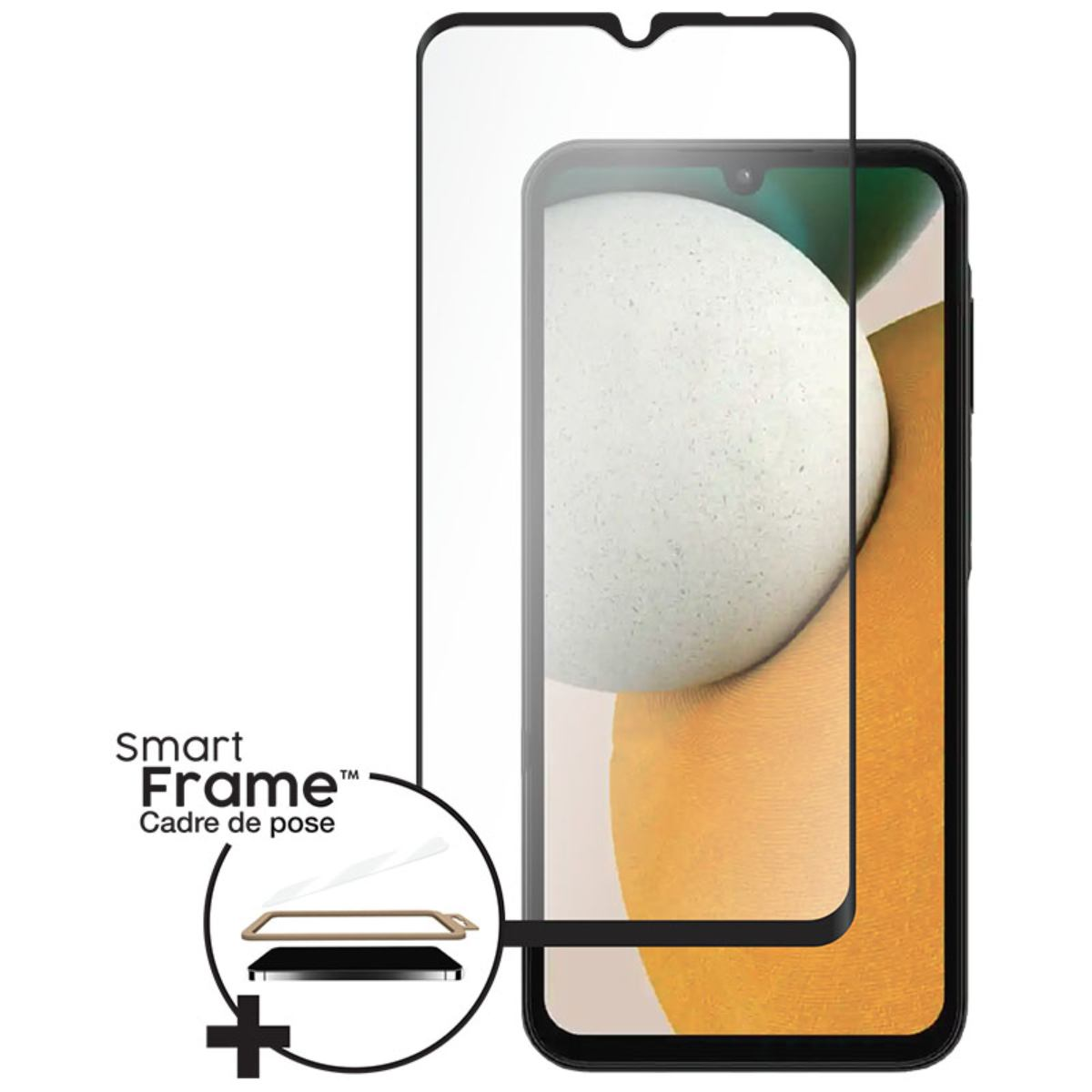 Uno smartphone con protezione schermo. La protezione è trasparente. C'è un logo Smart Frame.